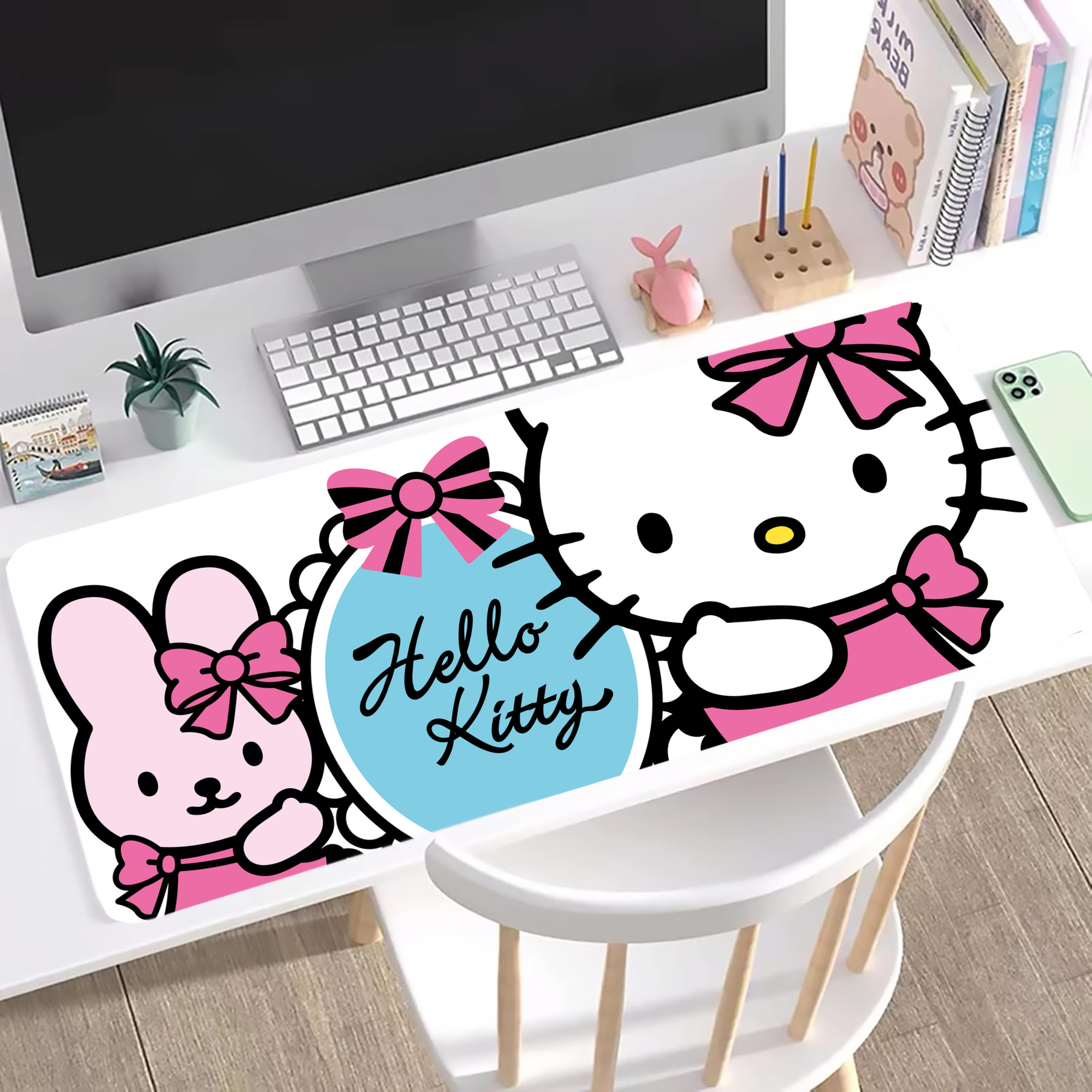 （画像用） Hello Kitty ハローキティ ステッチ加工 大判デスクマット／滑り止めマウスパッド