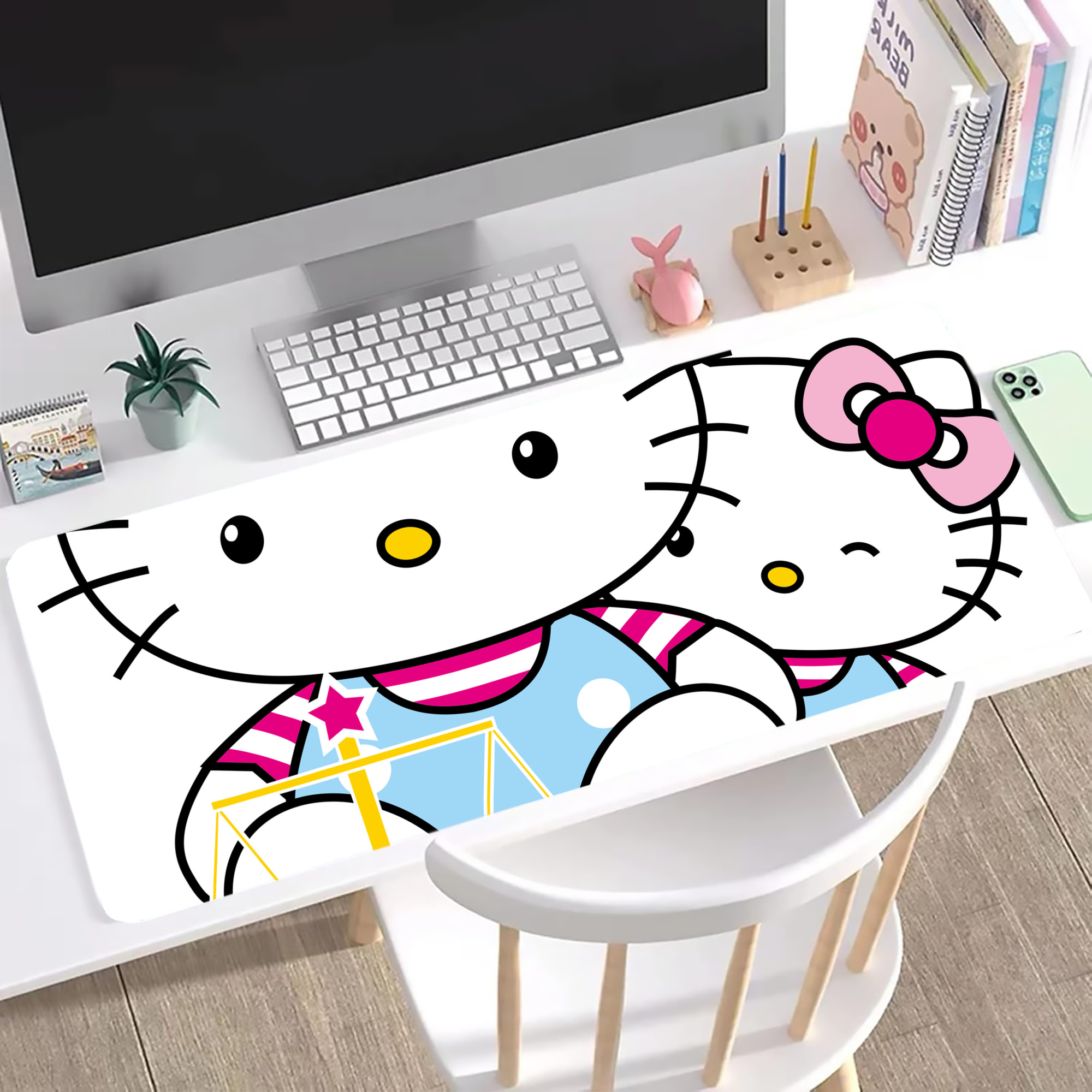 （画像用） Hello Kitty ハローキティ ステッチ加工 大判デスクマット／滑り止めマウスパッド