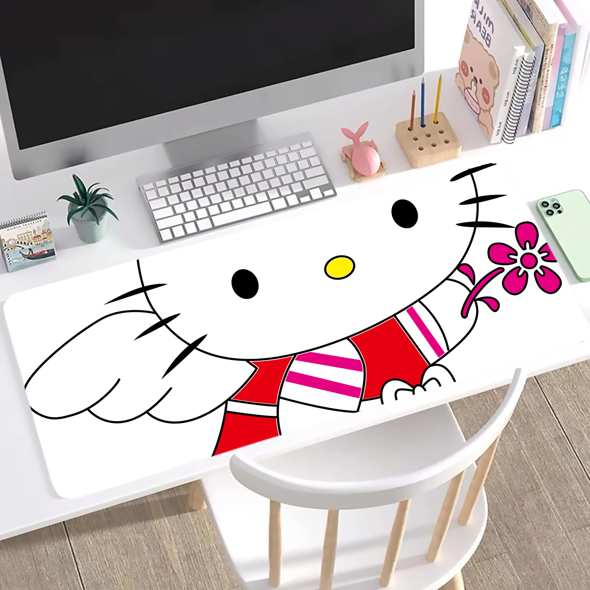 （画像用） Hello Kitty ハローキティ ステッチ加工 大判デスクマット／滑り止めマウスパッド