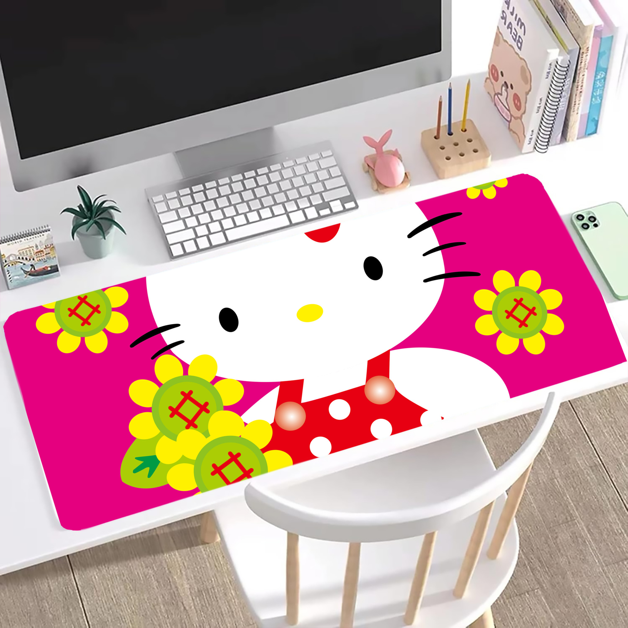 （画像用） Hello Kitty ハローキティ ステッチ加工 大判デスクマット／滑り止めマウスパッド