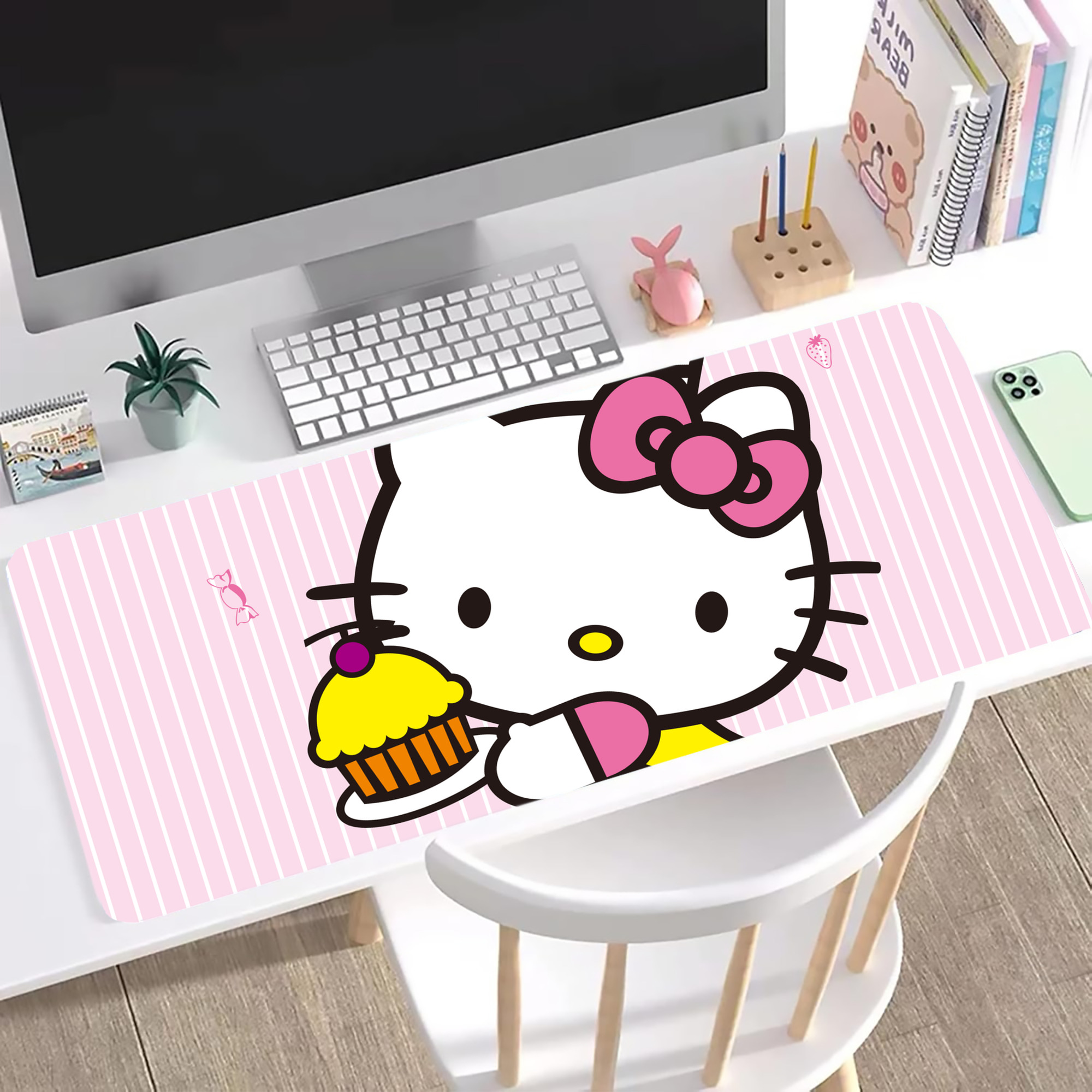 （画像用） Hello Kitty ハローキティ ステッチ加工 大判デスクマット／滑り止めマウスパッド