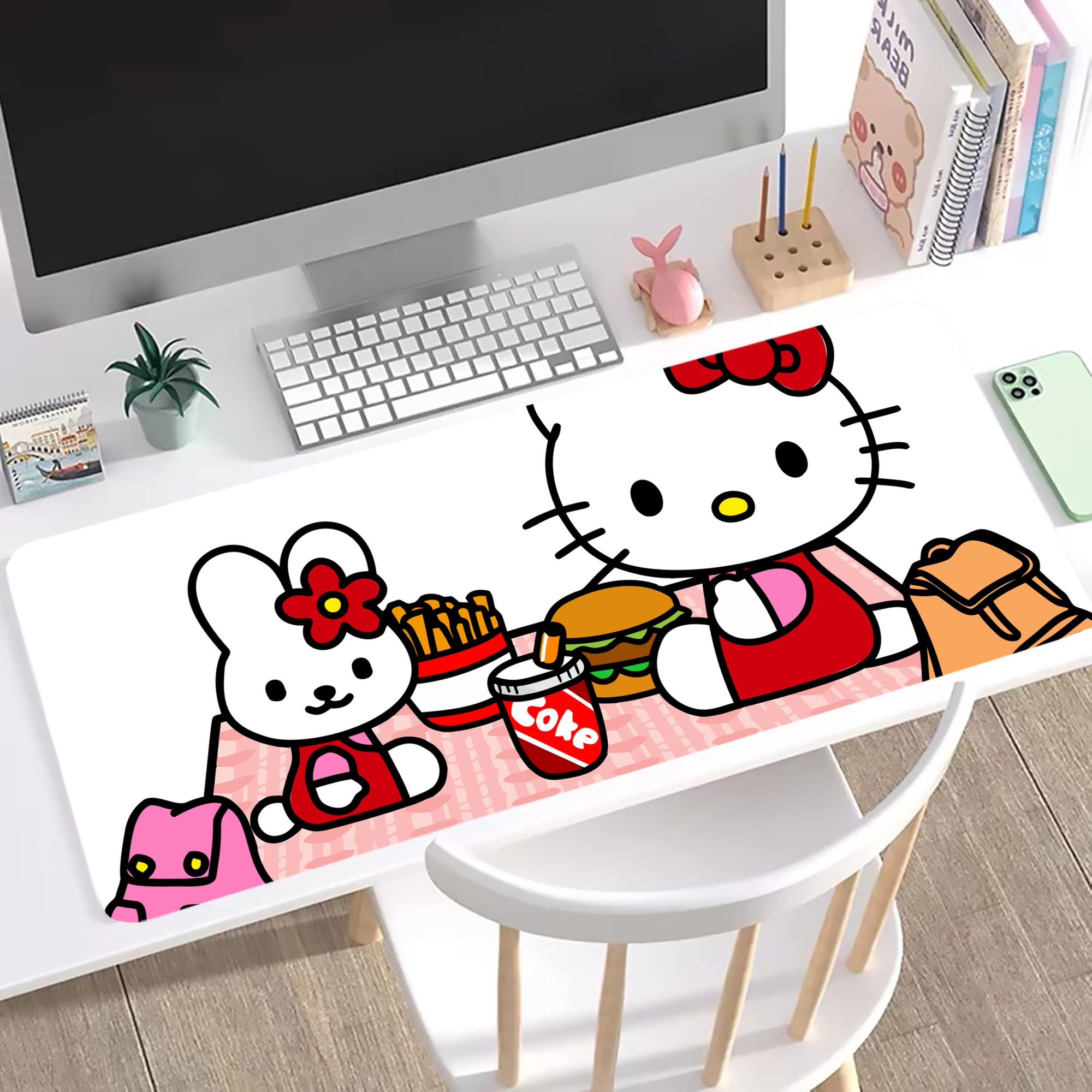 （画像用） Hello Kitty ハローキティ ステッチ加工 大判デスクマット／滑り止めマウスパッド