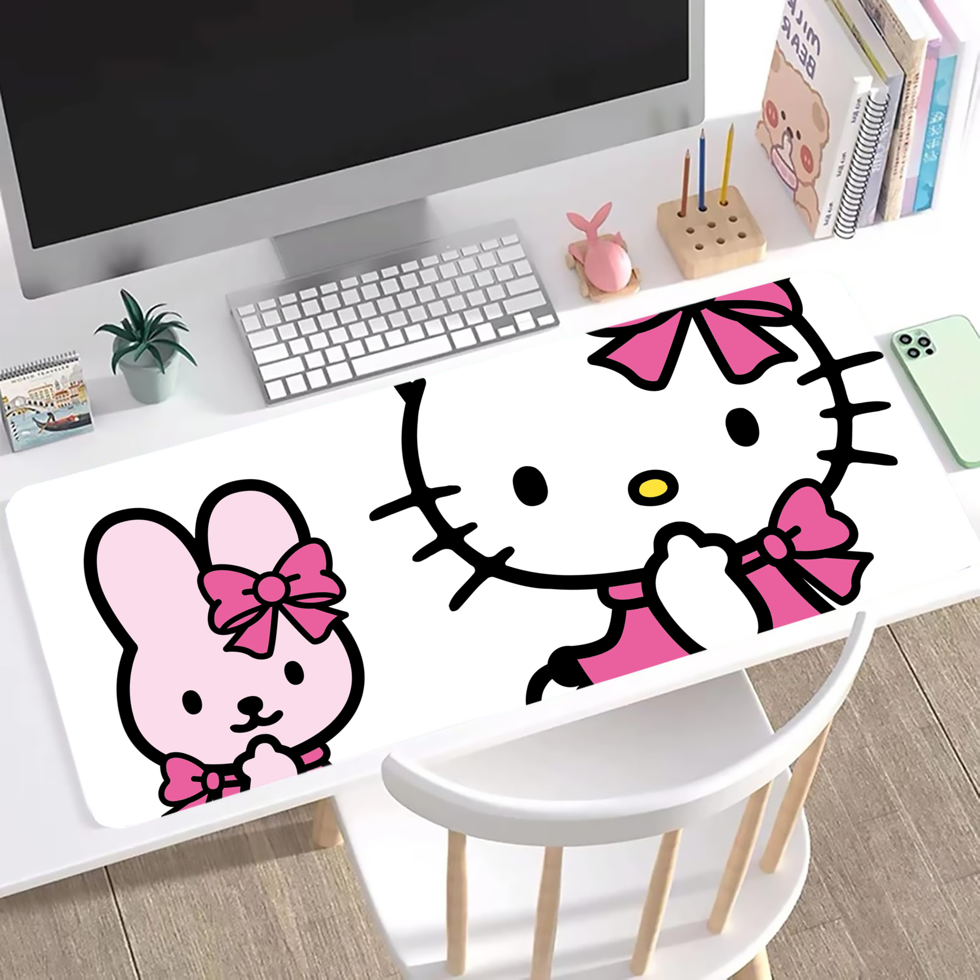 （画像用） Hello Kitty ハローキティ ステッチ加工 大判デスクマット／滑り止めマウスパッド