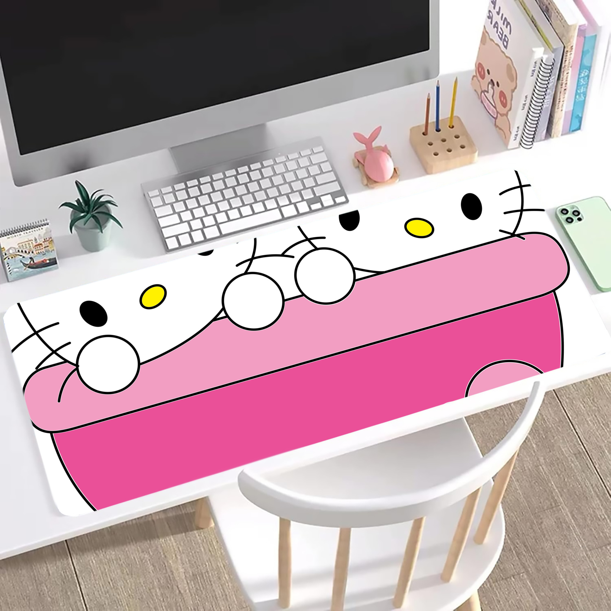 （画像用） Hello Kitty ハローキティ ステッチ加工 大判デスクマット／滑り止めマウスパッド