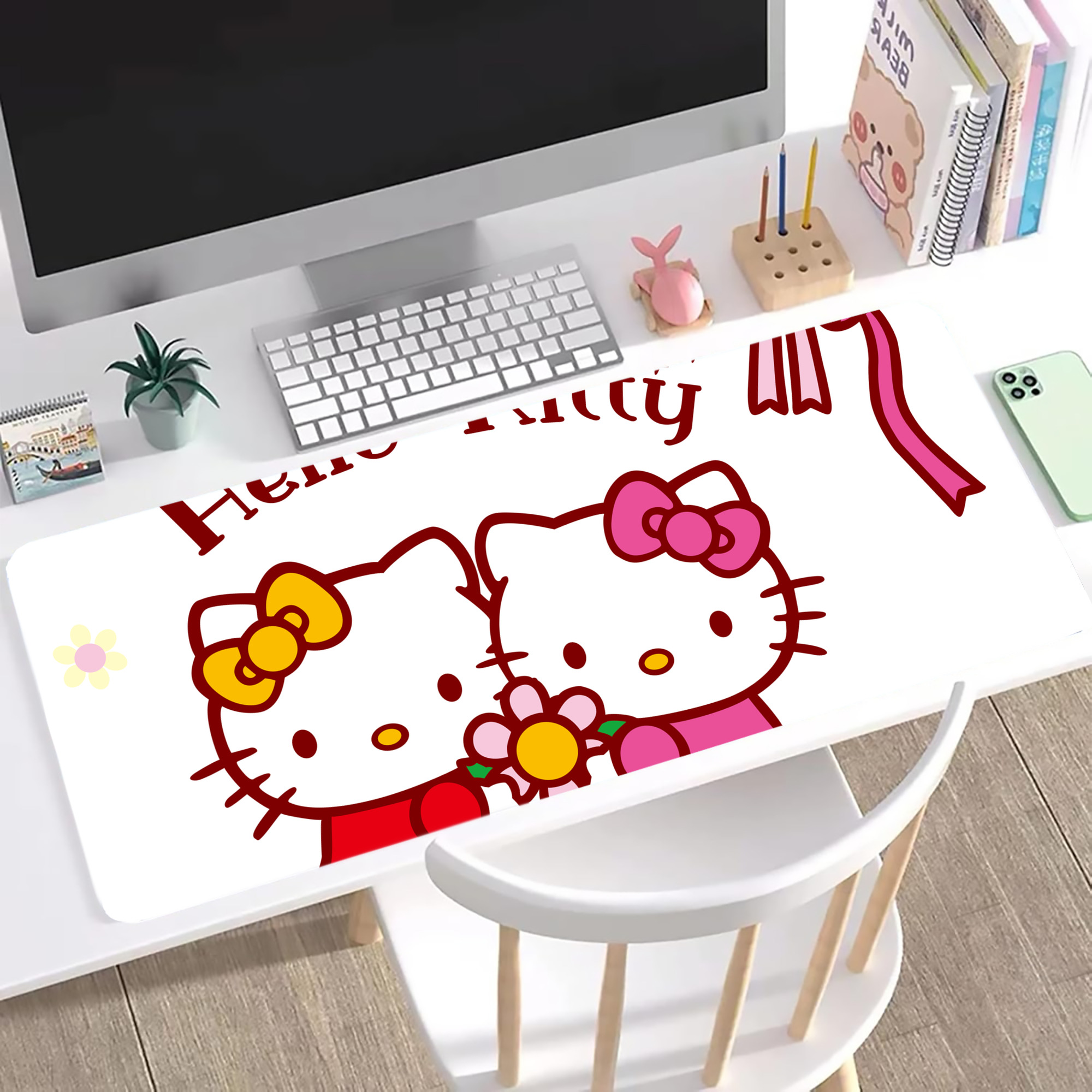 （画像用） Hello Kitty ハローキティ ステッチ加工 大判デスクマット／滑り止めマウスパッド