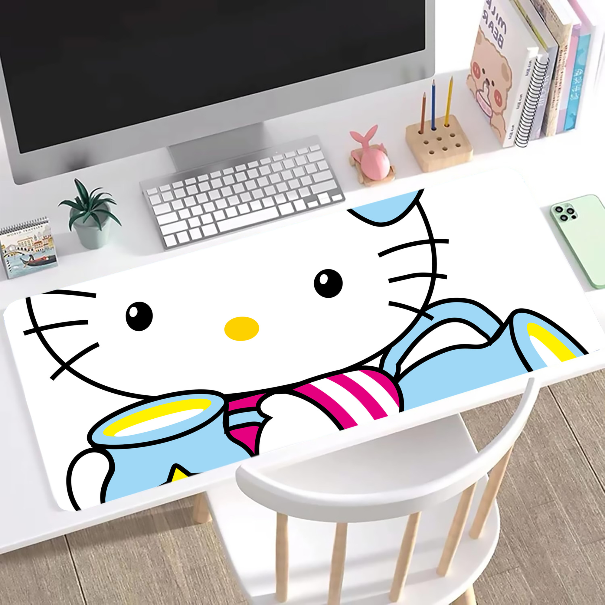 （画像用） Hello Kitty ハローキティ ステッチ加工 大判デスクマット／滑り止めマウスパッド