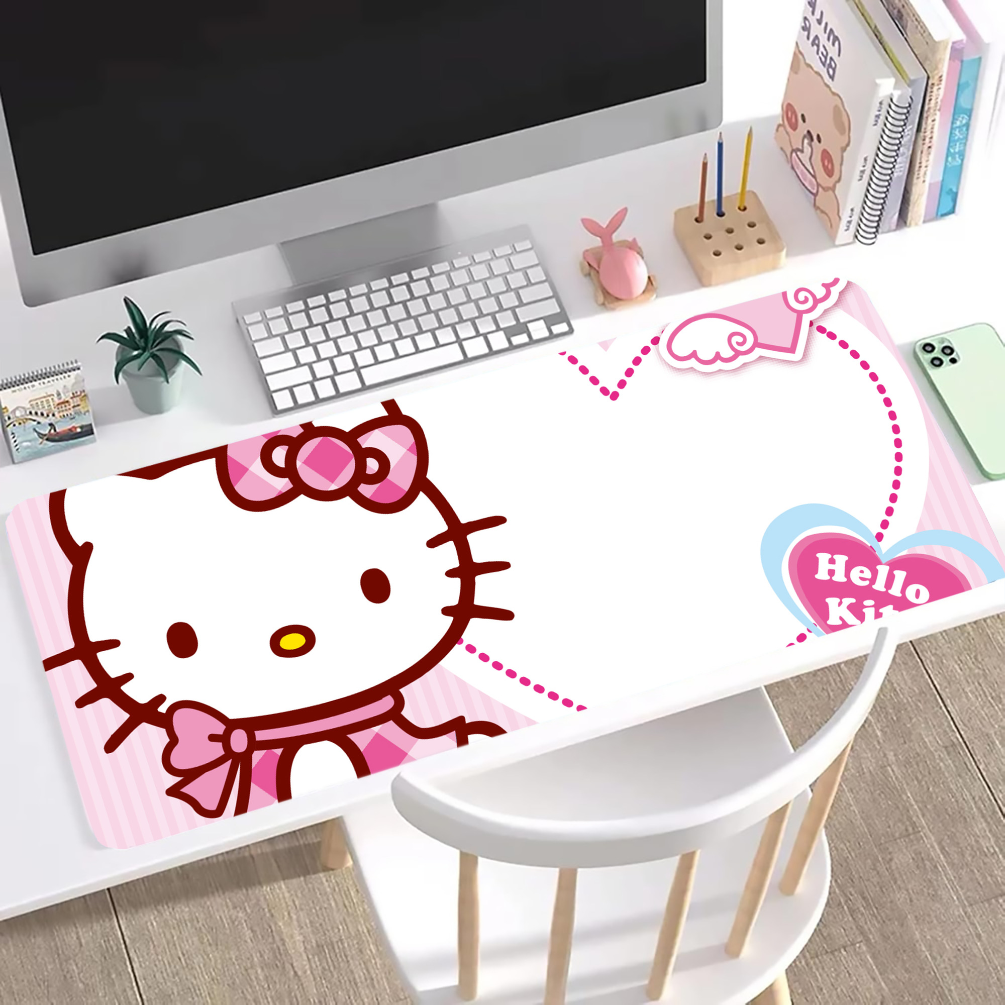 （画像用） Hello Kitty ハローキティ ステッチ加工 大判デスクマット／滑り止めマウスパッド