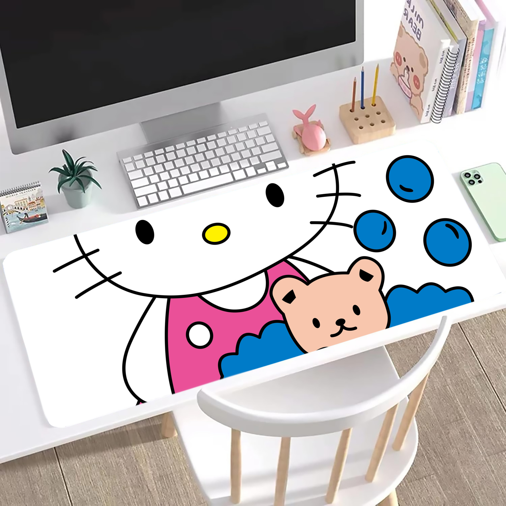 （画像用） Hello Kitty ハローキティ ステッチ加工 大判デスクマット／滑り止めマウスパッド