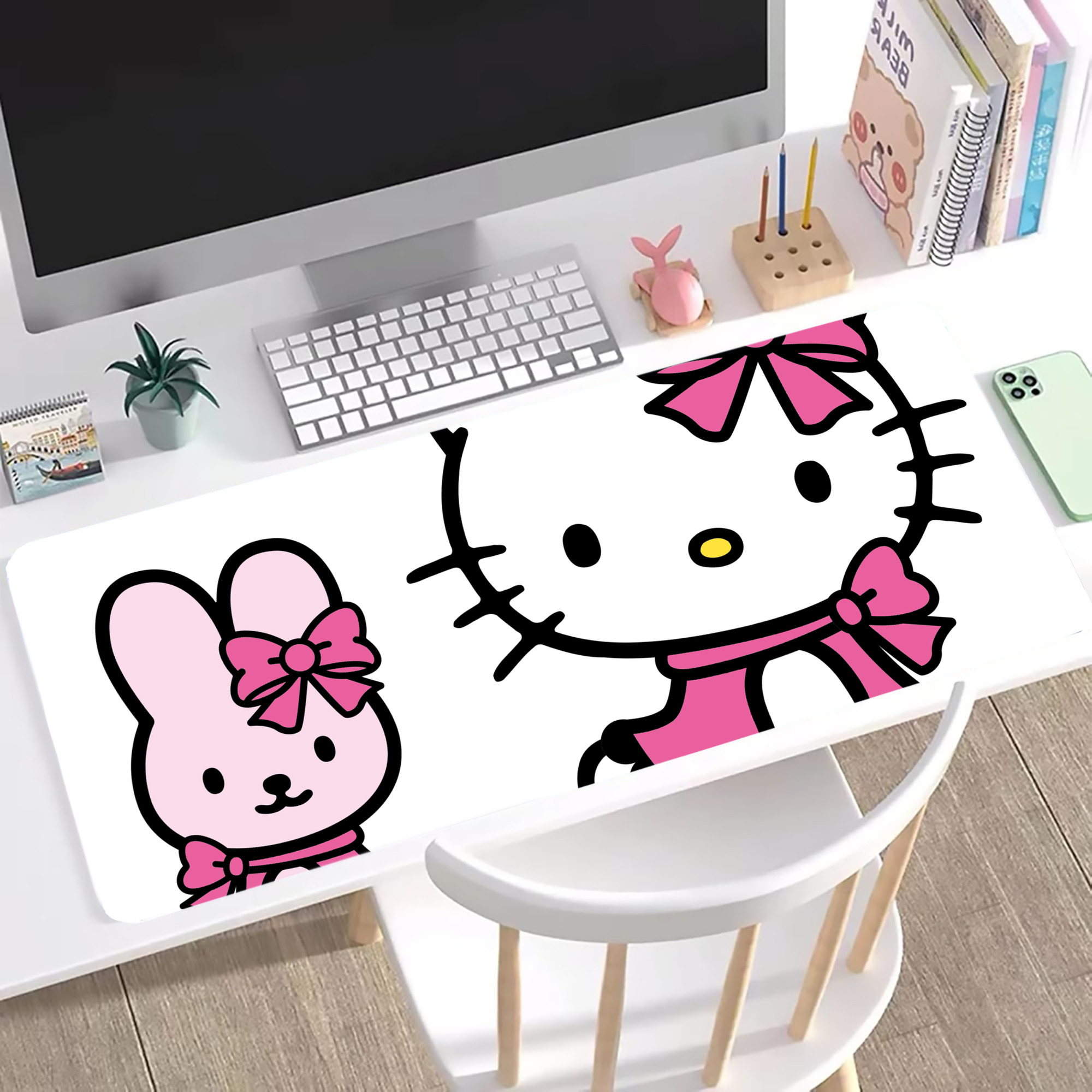 （画像用） Hello Kitty ハローキティ ステッチ加工 大判デスクマット／滑り止めマウスパッド