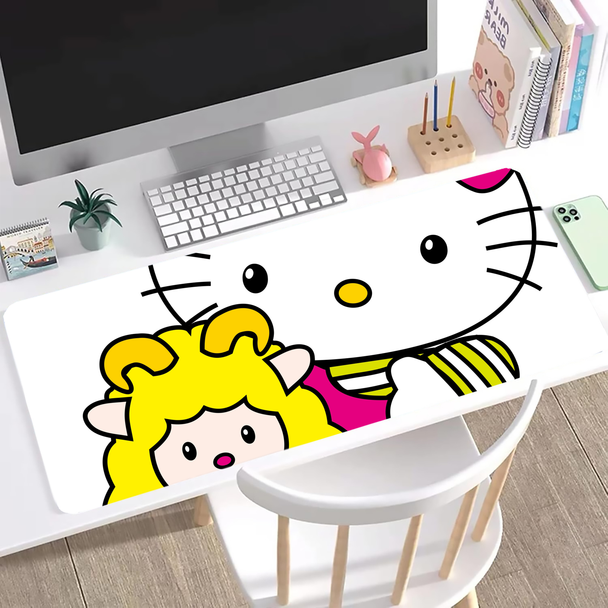 （画像用） Hello Kitty ハローキティ ステッチ加工 大判デスクマット／滑り止めマウスパッド