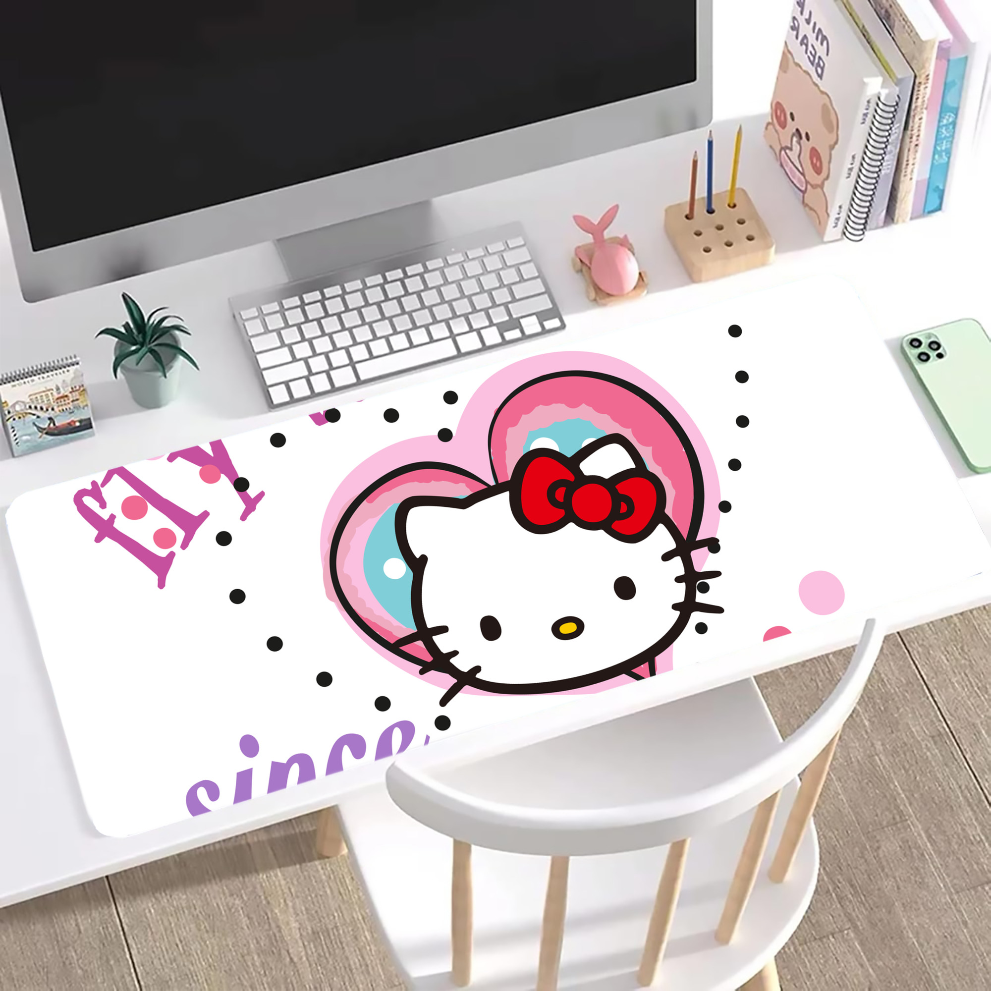 （画像用） Hello Kitty ハローキティ ステッチ加工 大判デスクマット／滑り止めマウスパッド