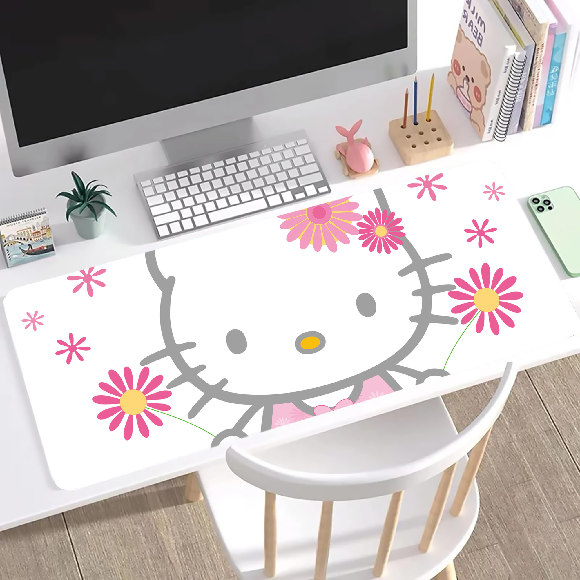 （画像用） Hello Kitty ハローキティ ステッチ加工 大判デスクマット／滑り止めマウスパッド