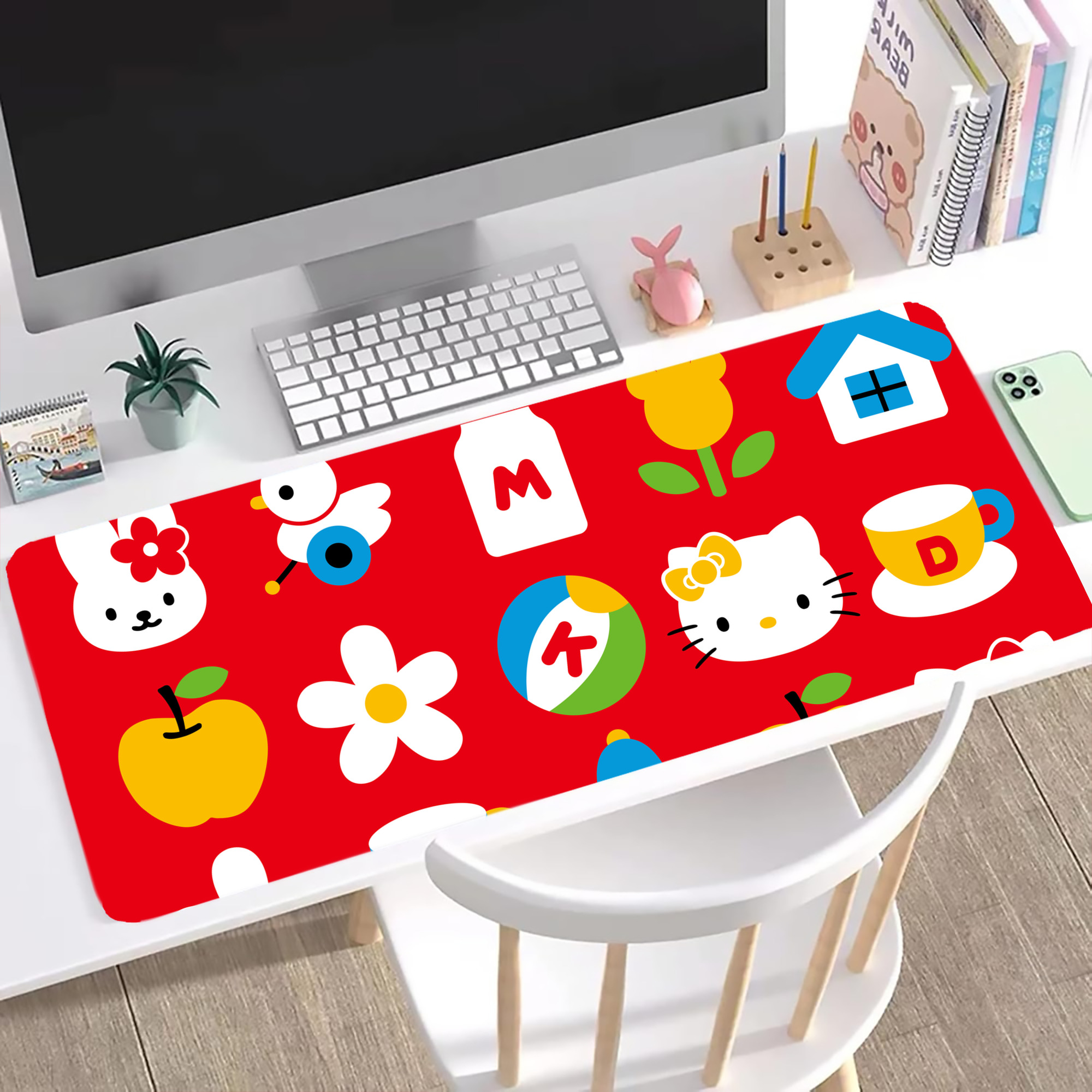 （画像用） Hello Kitty ハローキティ ステッチ加工 大判デスクマット／滑り止めマウスパッド