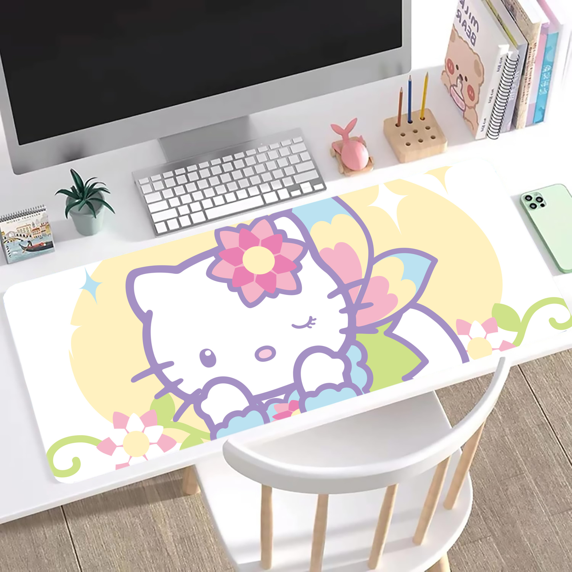 （画像用） Hello Kitty ハローキティ ステッチ加工 大判デスクマット／滑り止めマウスパッド