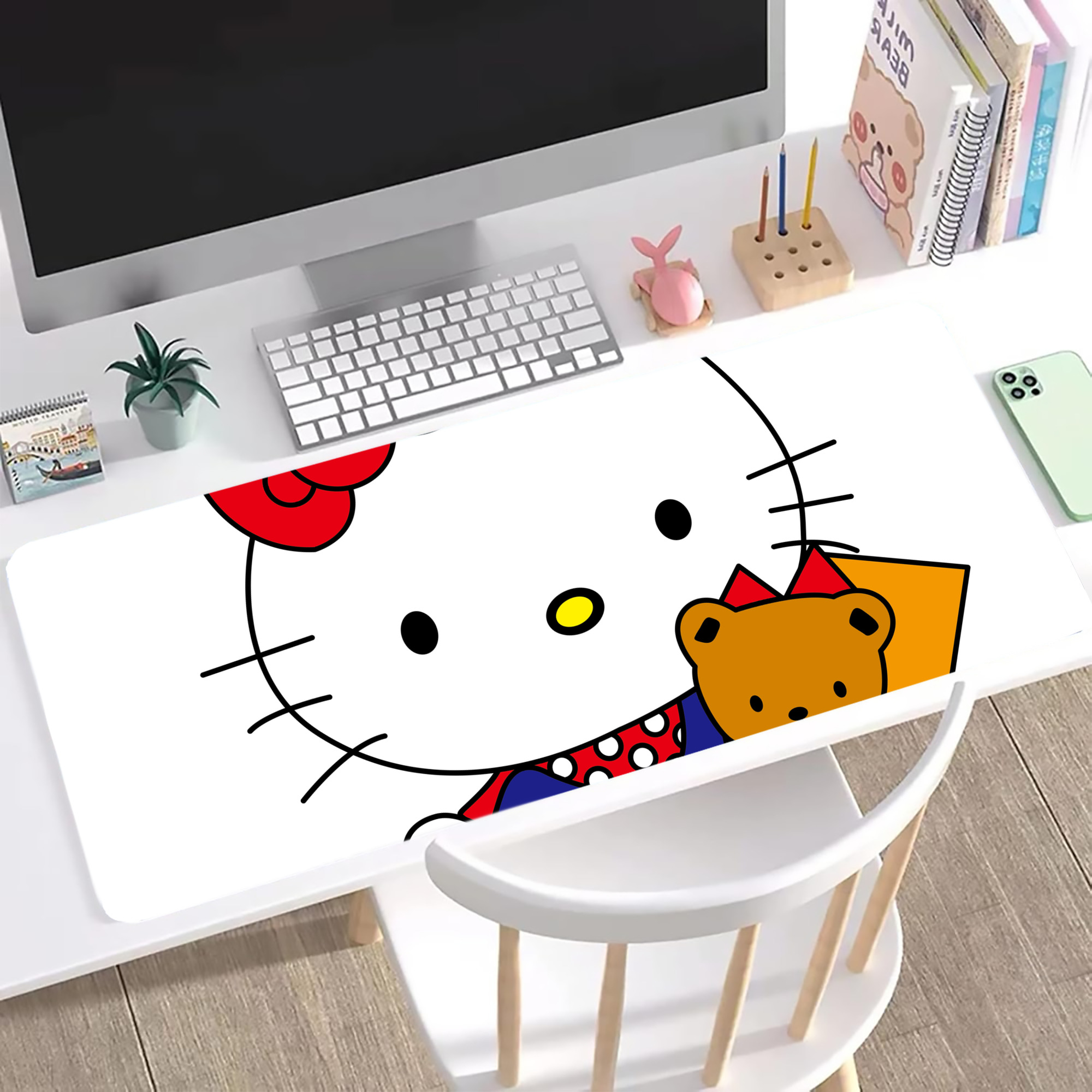 （画像用） Hello Kitty ハローキティ ステッチ加工 大判デスクマット／滑り止めマウスパッド