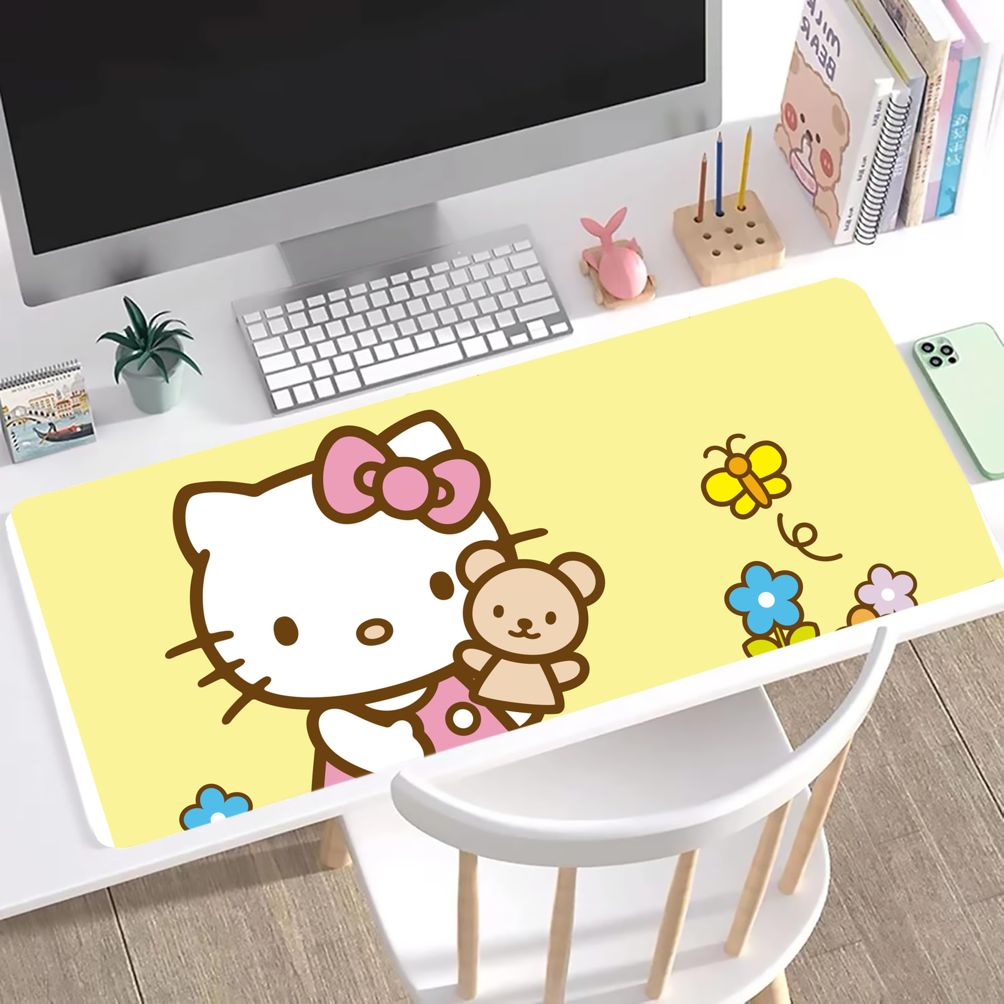 （画像用） Hello Kitty ハローキティ ステッチ加工 大判デスクマット／滑り止めマウスパッド