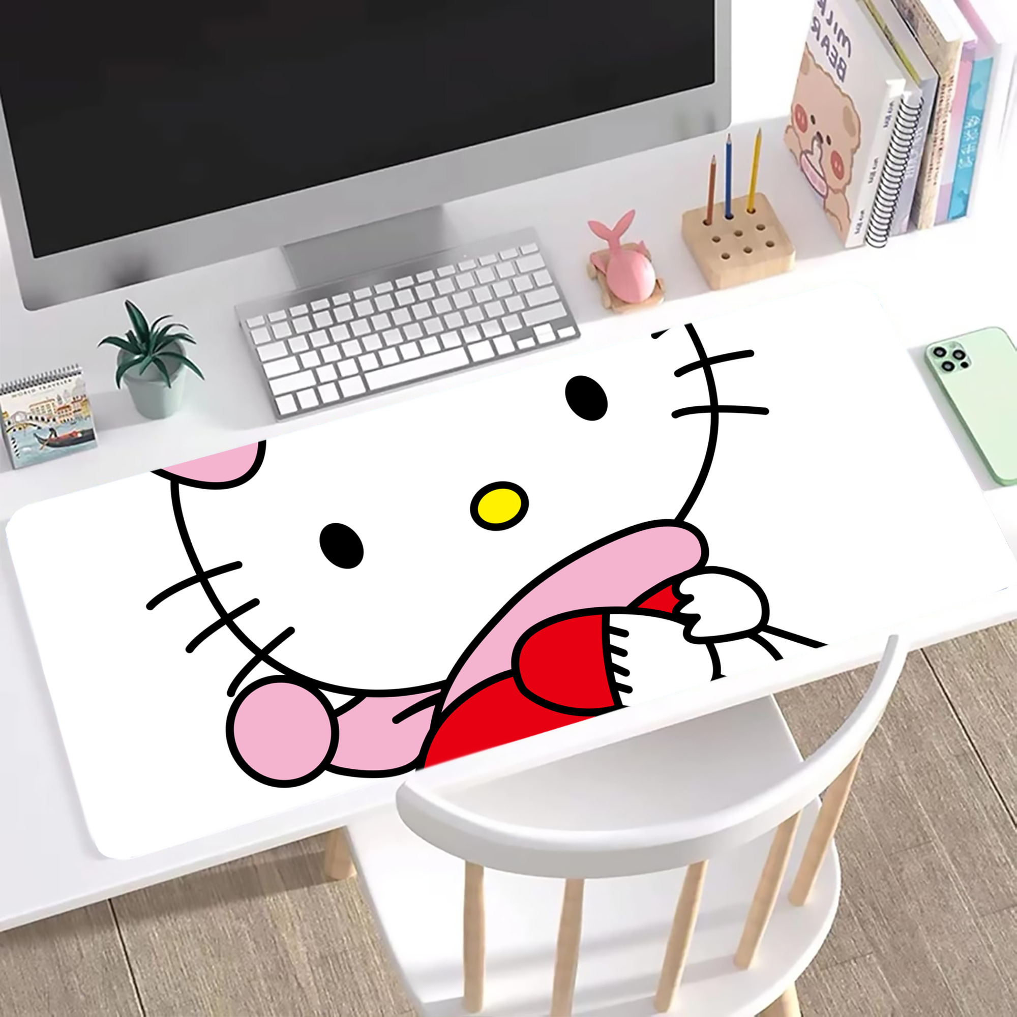 （画像用） Hello Kitty ハローキティ ステッチ加工 大判デスクマット／滑り止めマウスパッド