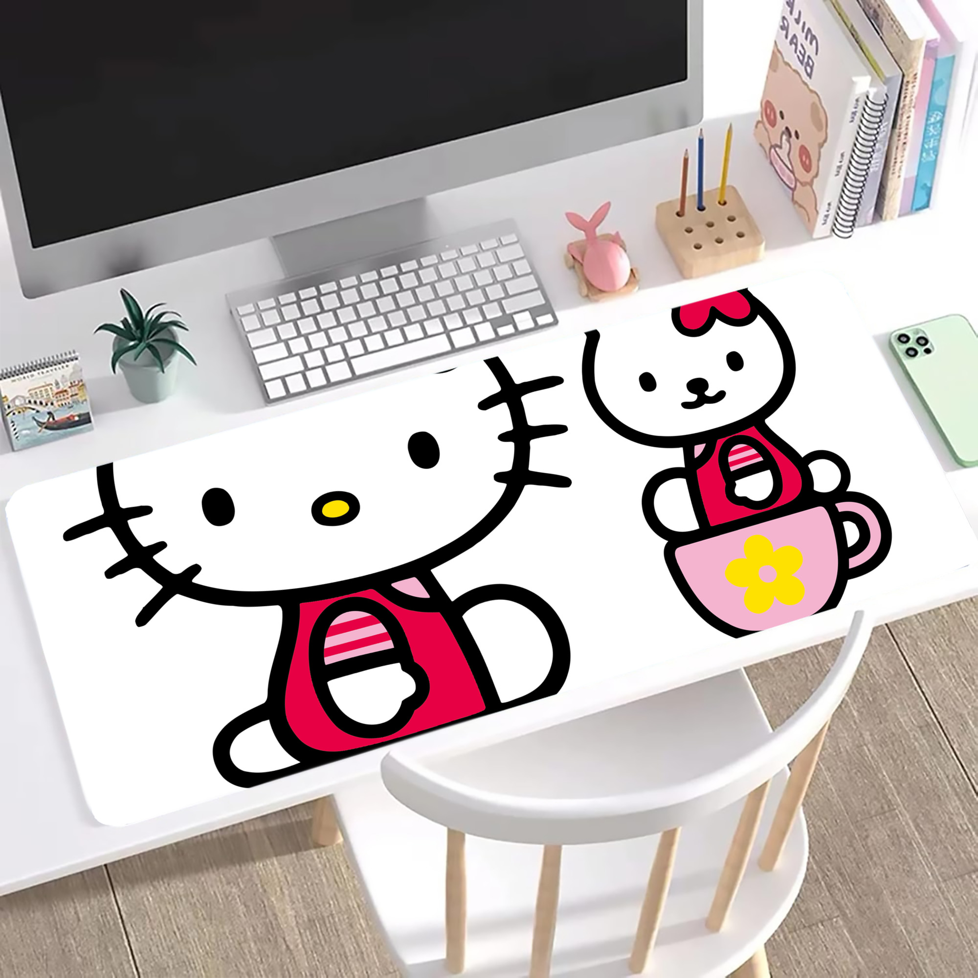 （画像用） Hello Kitty ハローキティ ステッチ加工 大判デスクマット／滑り止めマウスパッド