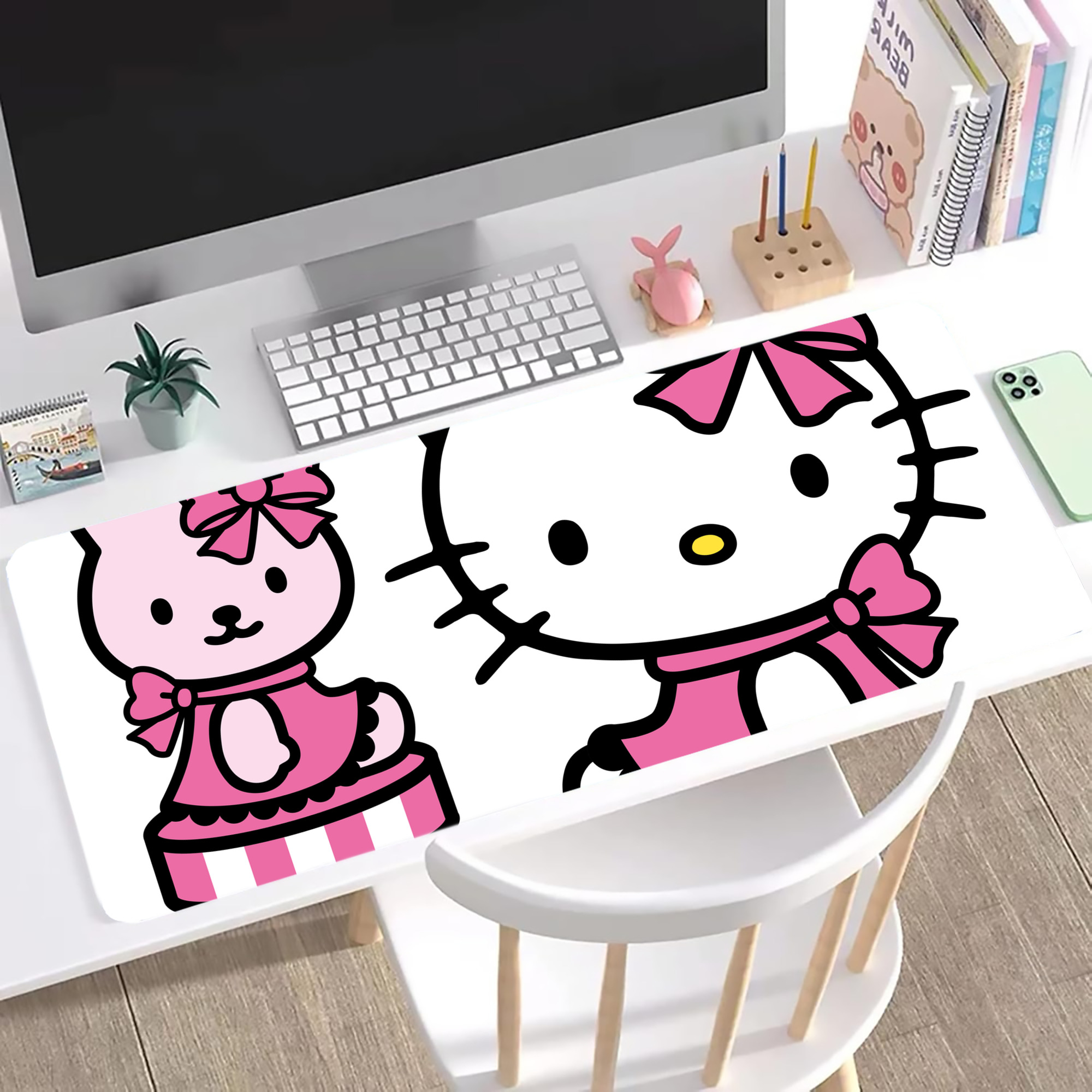 （画像用） Hello Kitty ハローキティ ステッチ加工 大判デスクマット／滑り止めマウスパッド