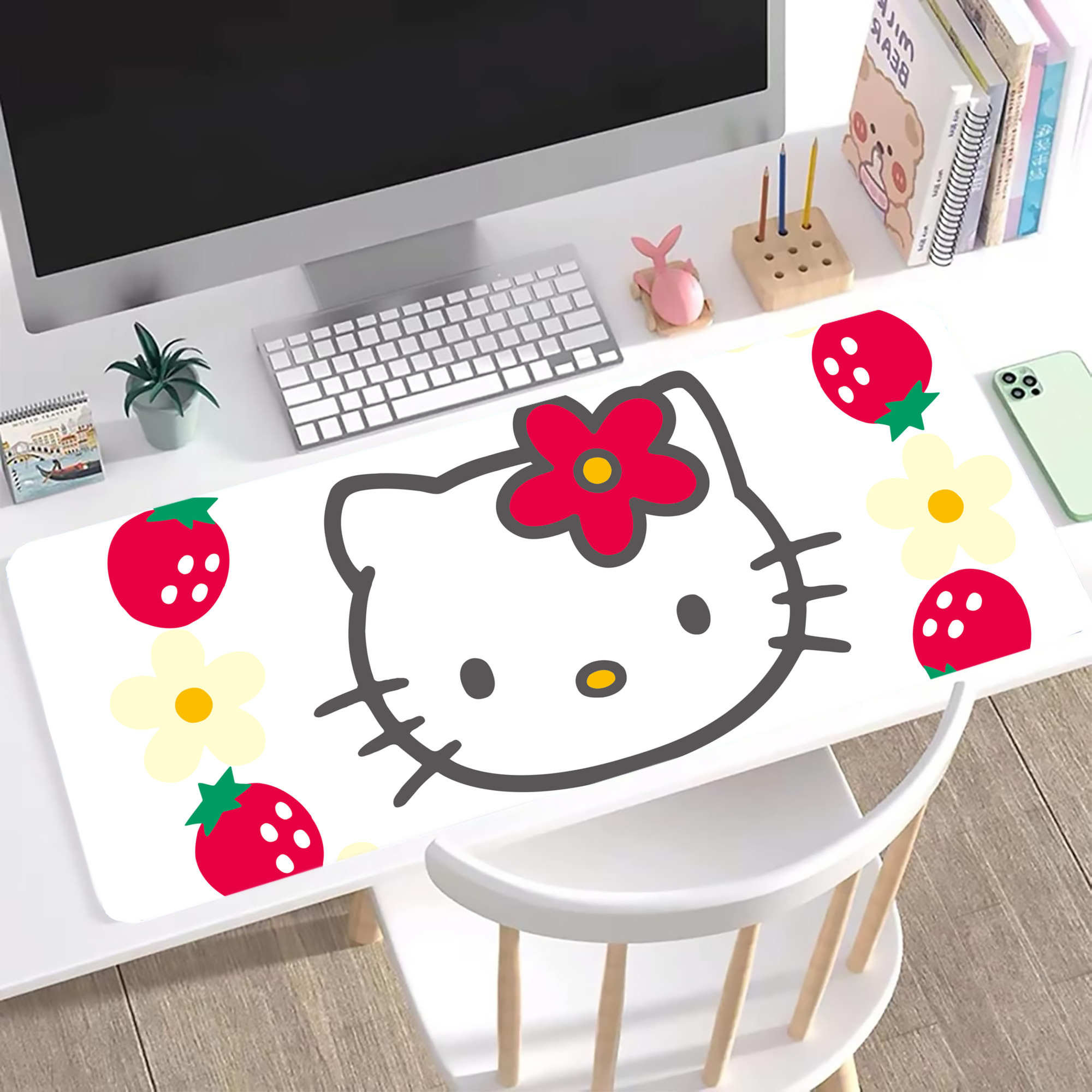 （画像用） Hello Kitty ハローキティ ステッチ加工 大判デスクマット／滑り止めマウスパッド