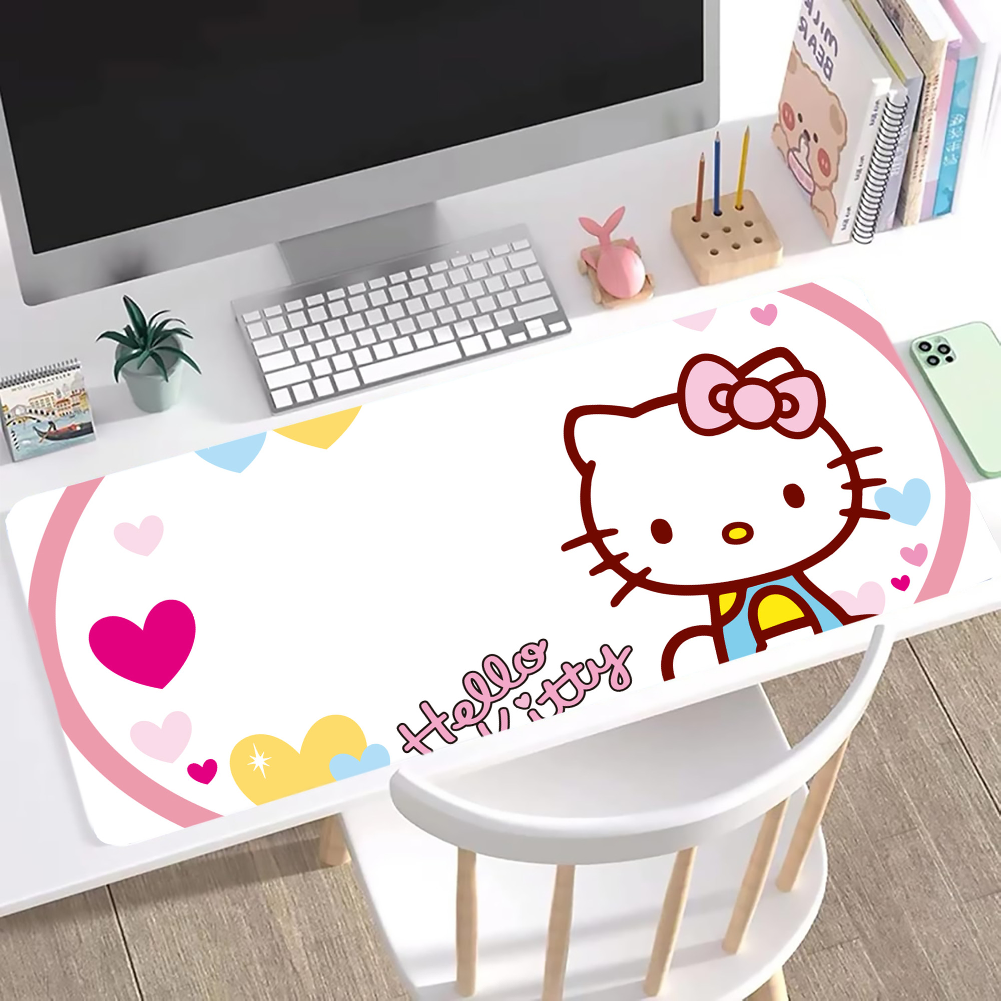 （画像用） Hello Kitty ハローキティ ステッチ加工 大判デスクマット／滑り止めマウスパッド