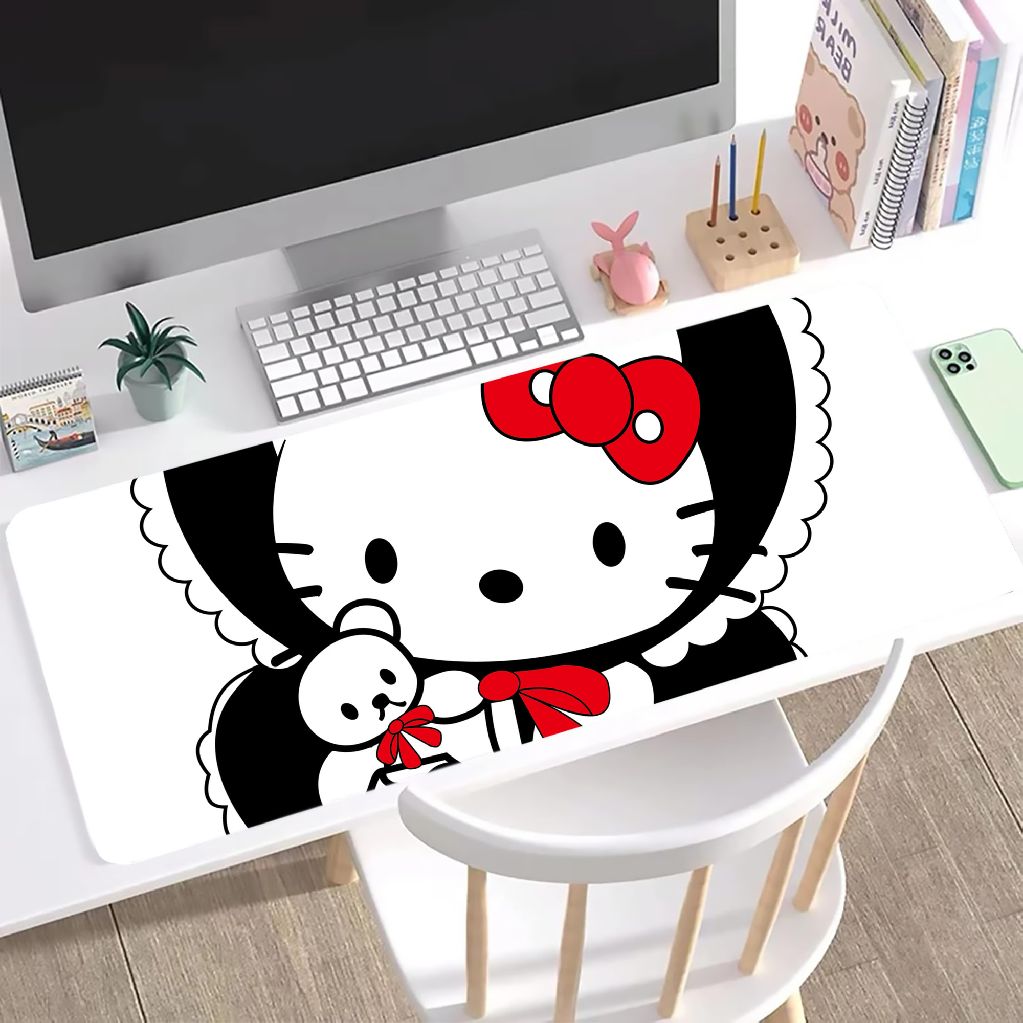 （画像用） Hello Kitty ハローキティ ステッチ加工 大判デスクマット／滑り止めマウスパッド