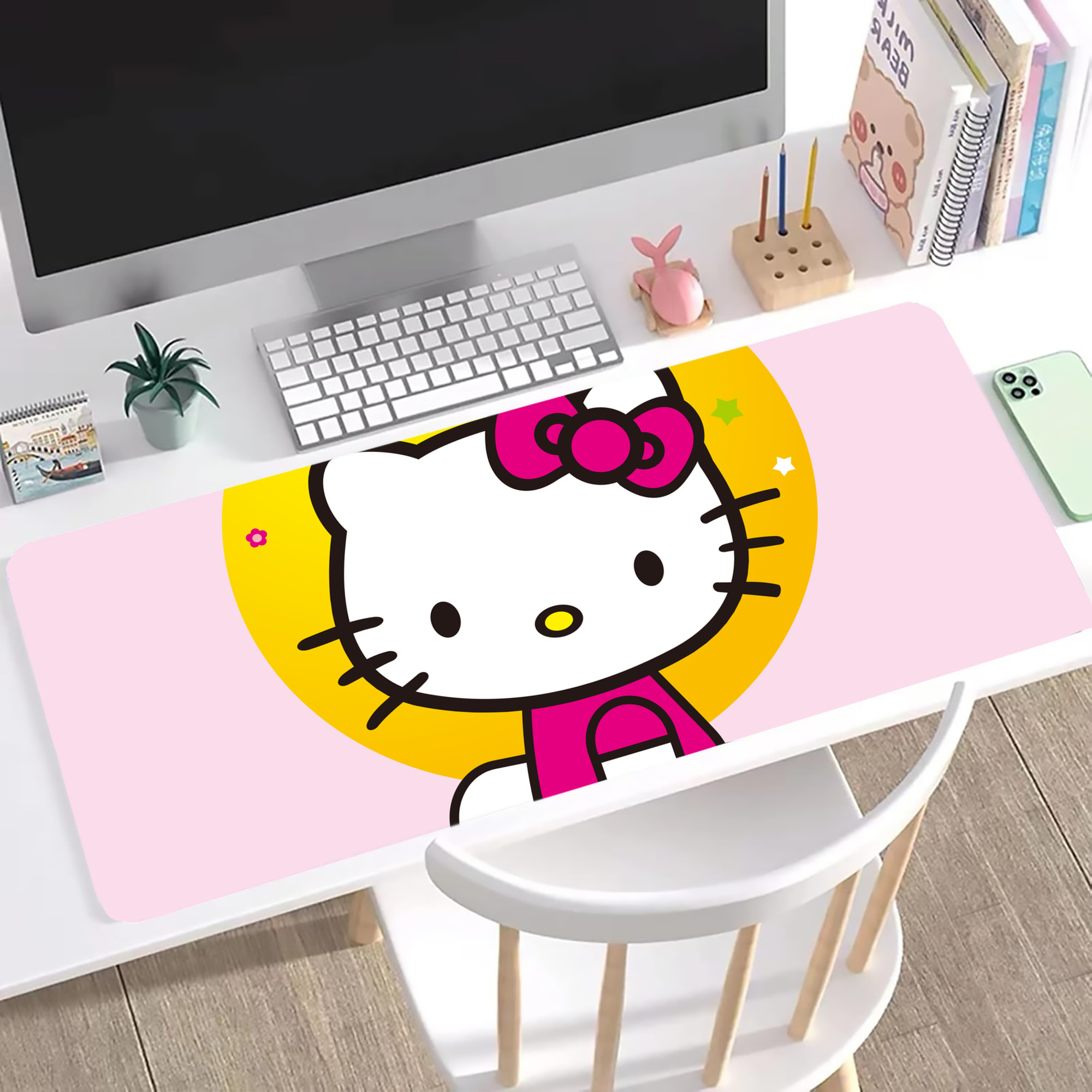 （画像用） Hello Kitty ハローキティ ステッチ加工 大判デスクマット／滑り止めマウスパッド