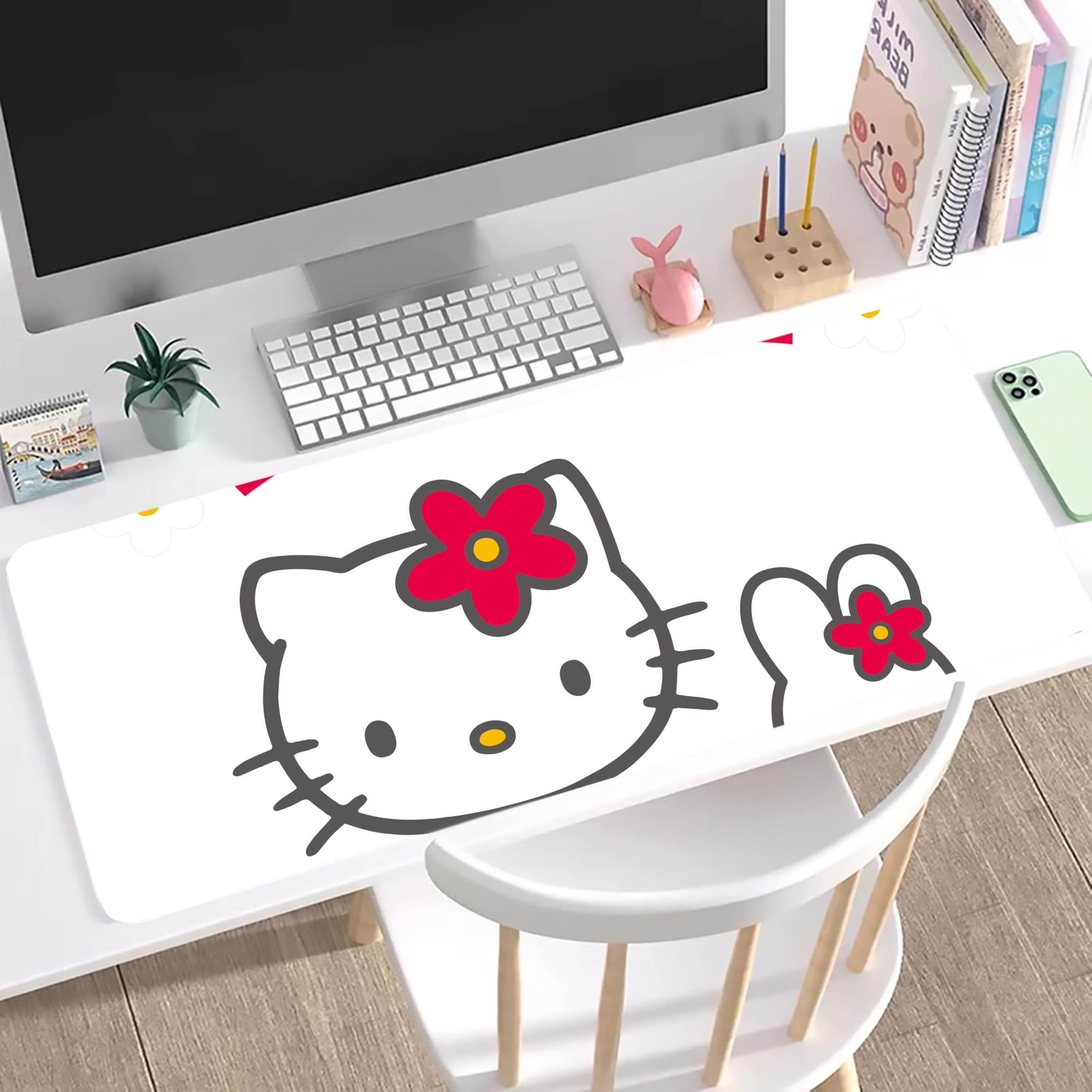 （画像用） Hello Kitty ハローキティ ステッチ加工 大判デスクマット／滑り止めマウスパッド