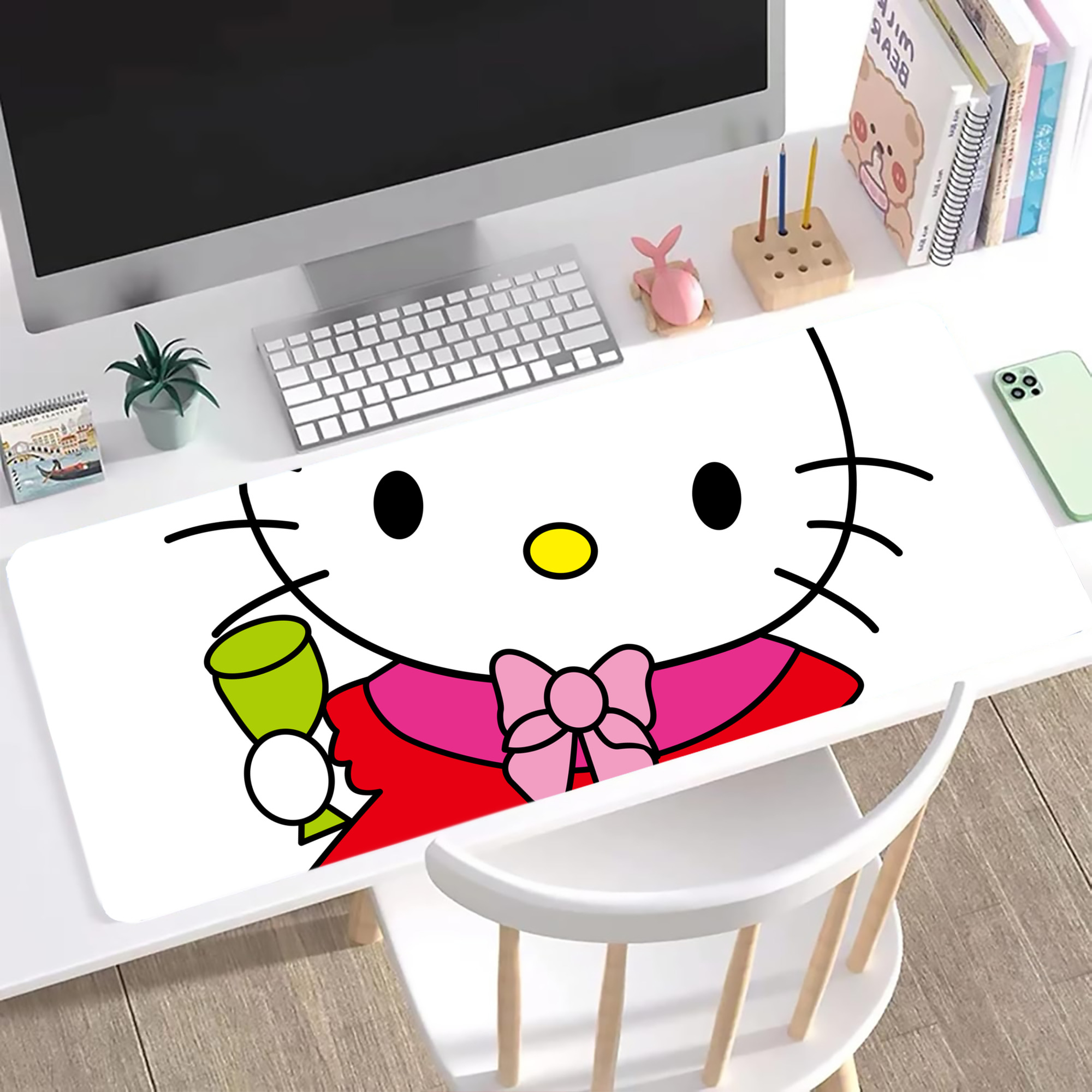 （画像用） Hello Kitty ハローキティ ステッチ加工 大判デスクマット／滑り止めマウスパッド