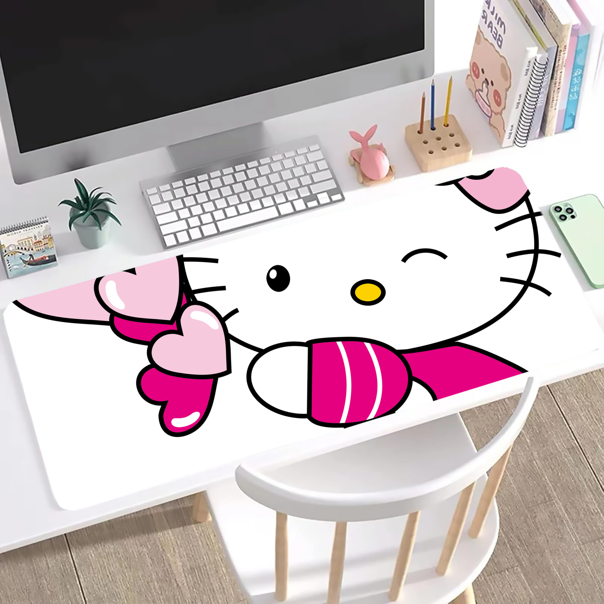 （画像用） Hello Kitty ハローキティ ステッチ加工 大判デスクマット／滑り止めマウスパッド
