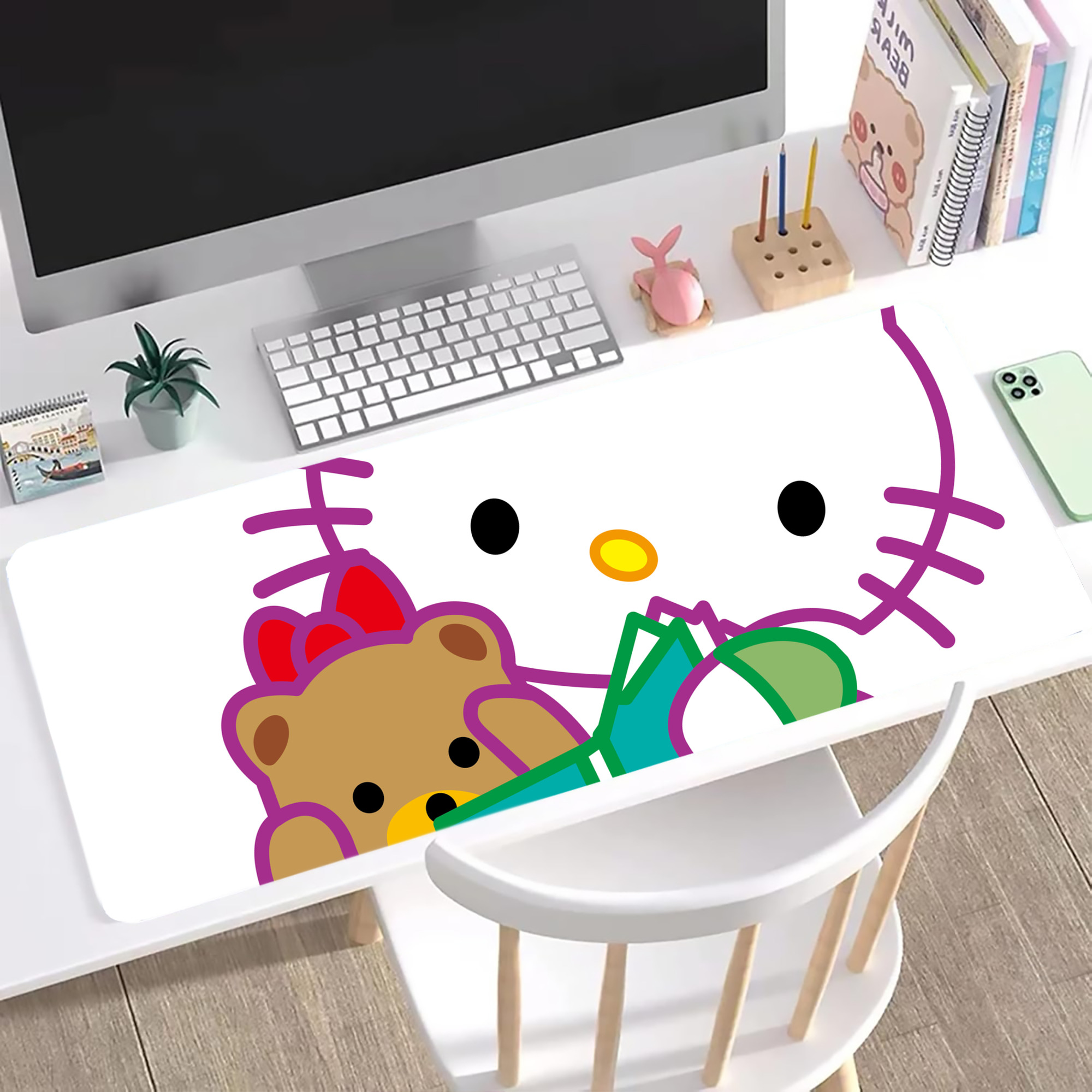 （画像用） Hello Kitty ハローキティ ステッチ加工 大判デスクマット／滑り止めマウスパッド