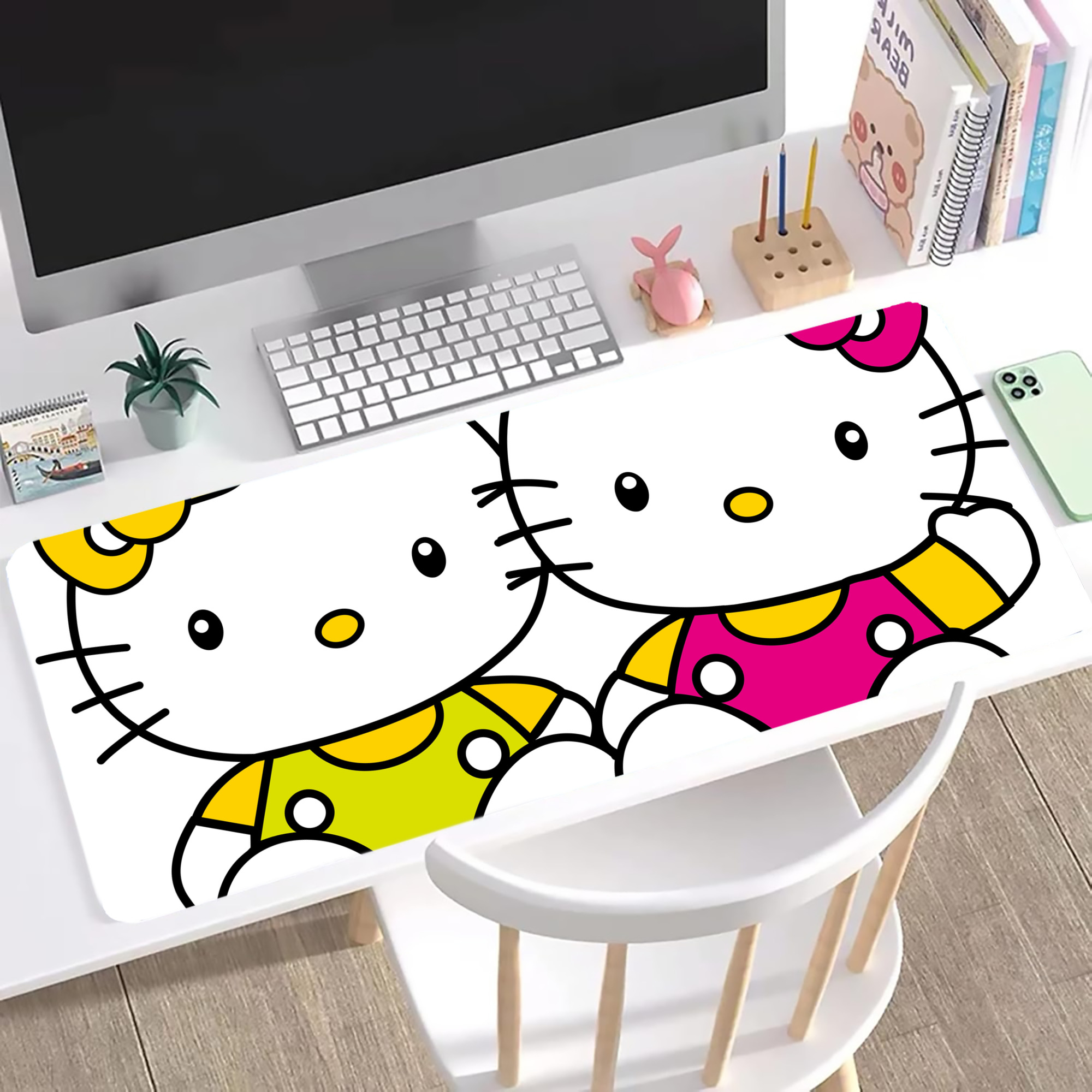 （画像用） Hello Kitty ハローキティ ステッチ加工 大判デスクマット／滑り止めマウスパッド