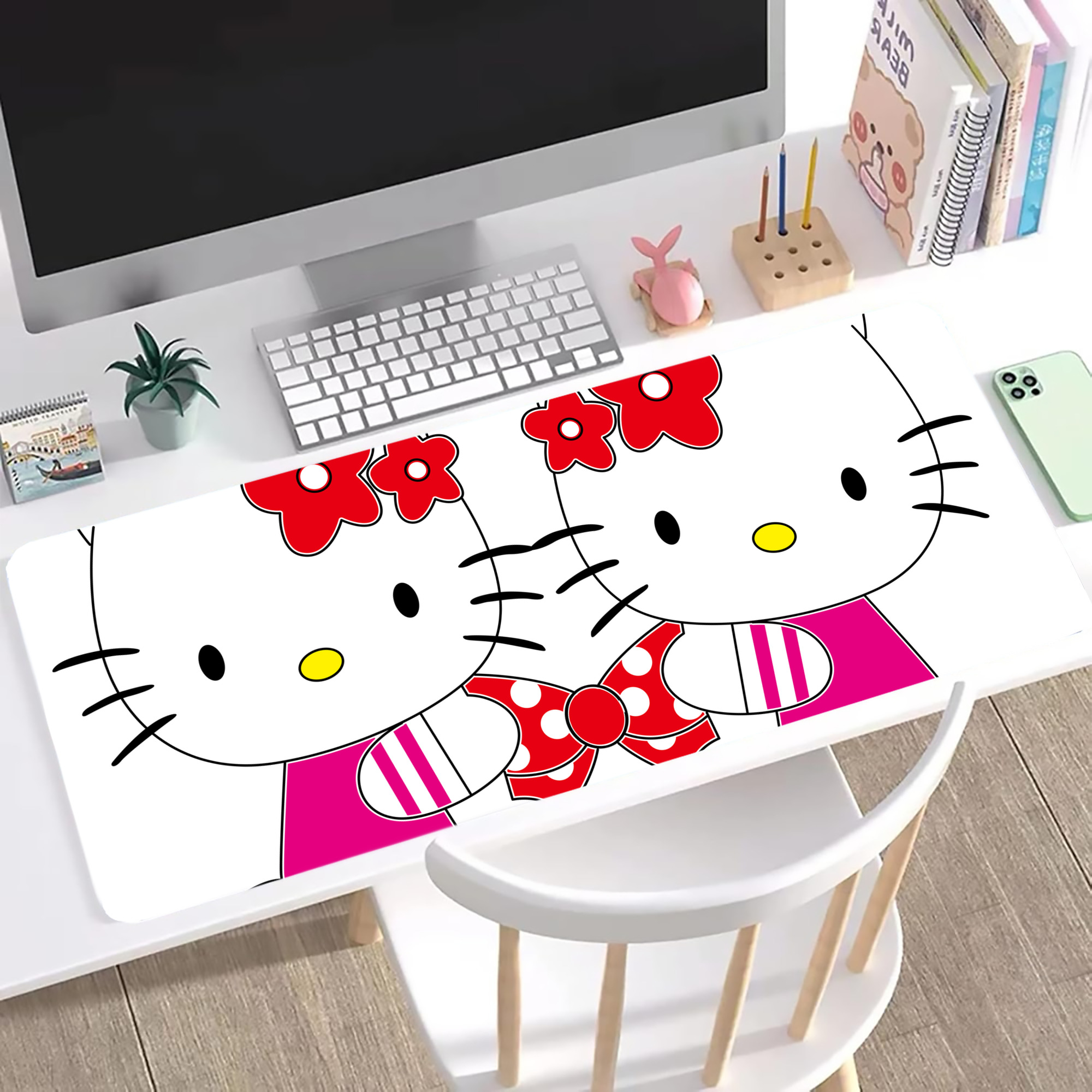 （画像用） Hello Kitty ハローキティ ステッチ加工 大判デスクマット／滑り止めマウスパッド