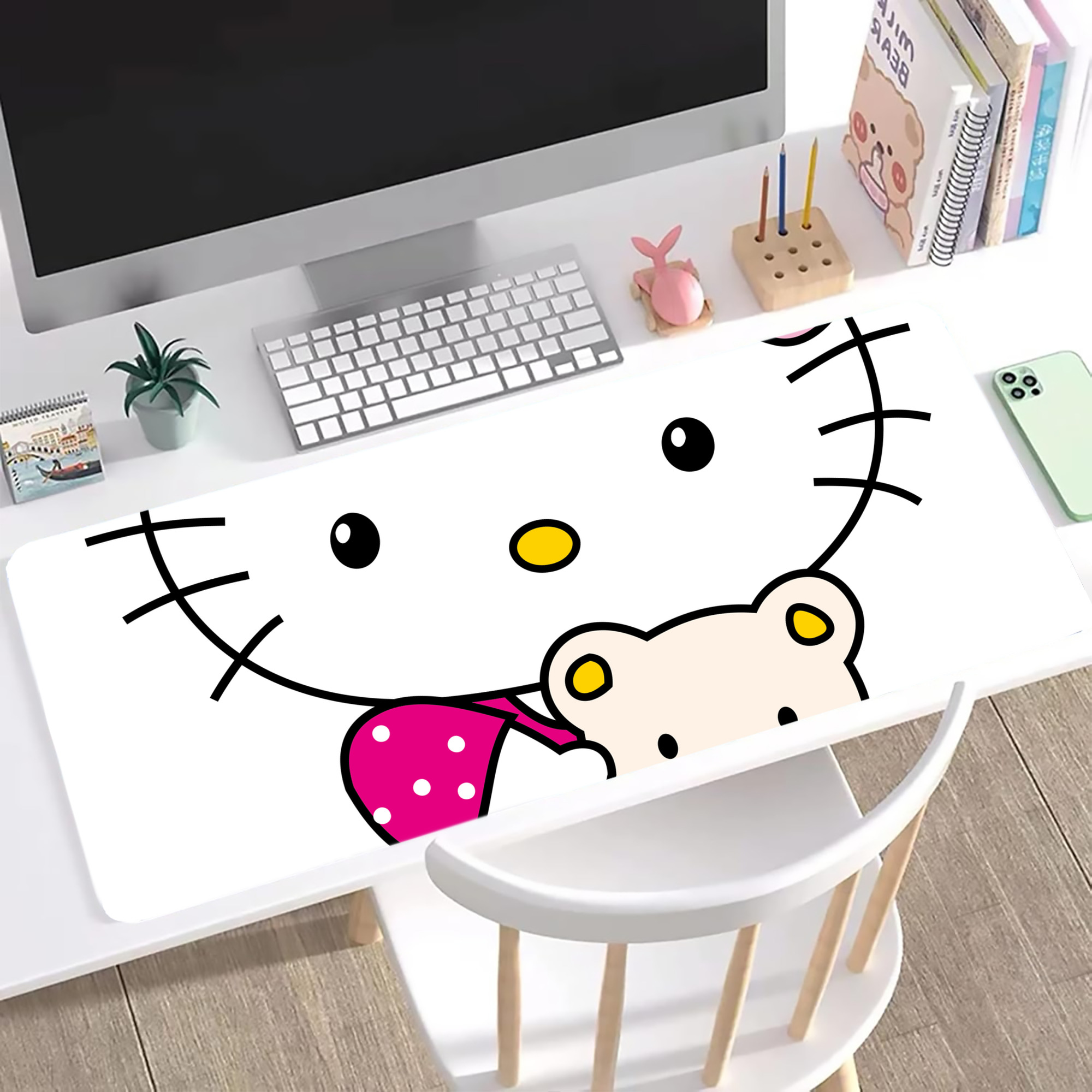 （画像用） Hello Kitty ハローキティ ステッチ加工 大判デスクマット／滑り止めマウスパッド
