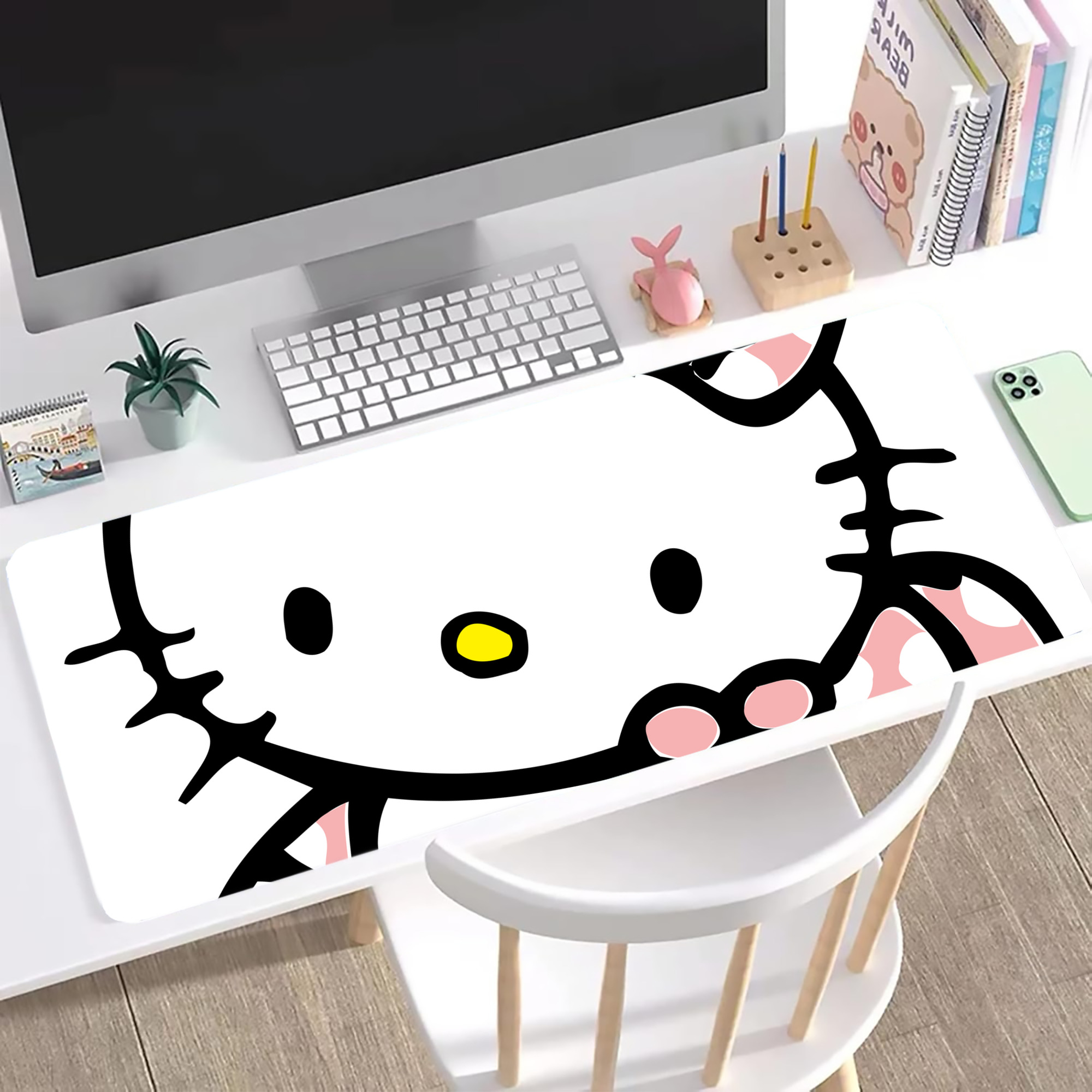 （画像用） Hello Kitty ハローキティ ステッチ加工 大判デスクマット／滑り止めマウスパッド