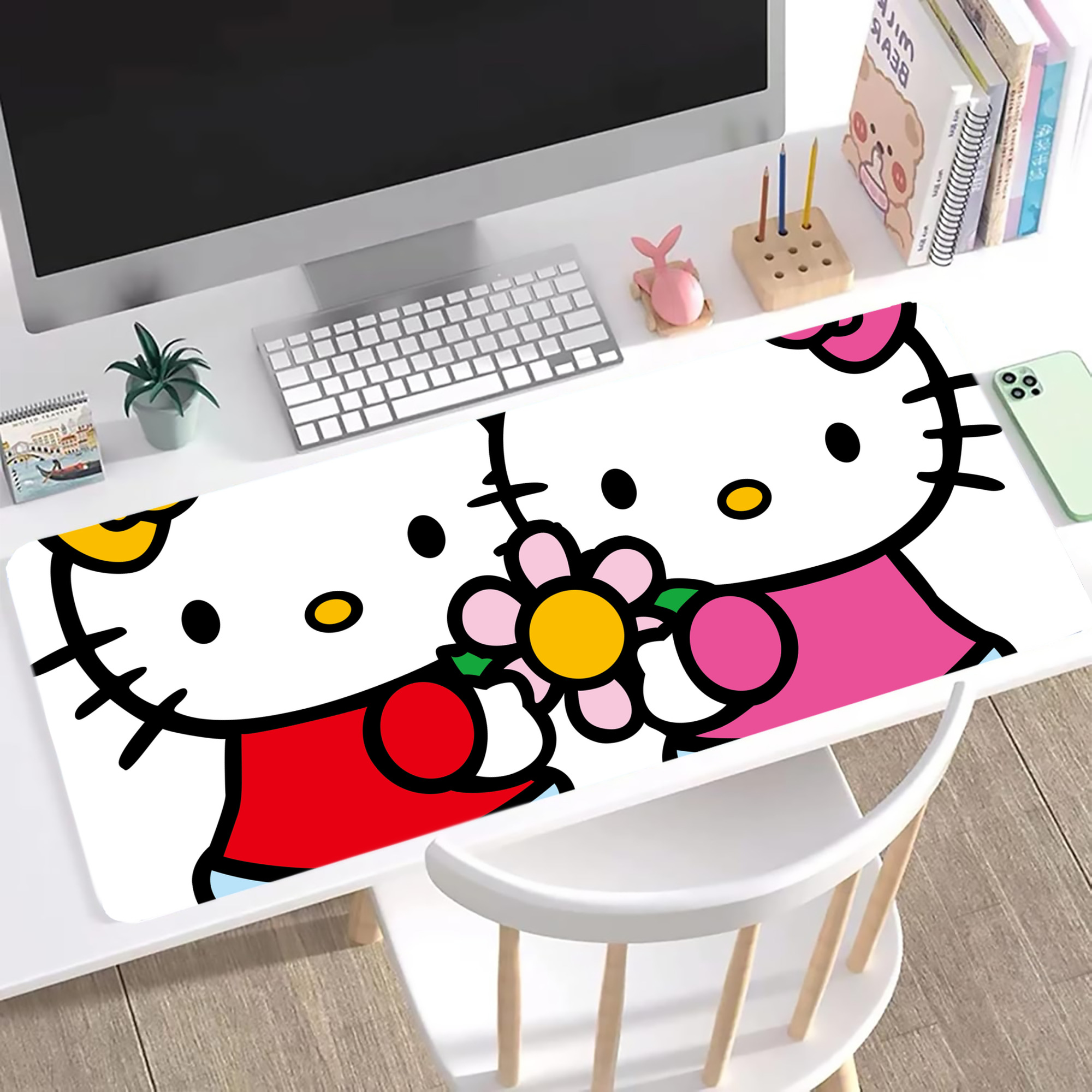 （画像用） Hello Kitty ハローキティ ステッチ加工 大判デスクマット／滑り止めマウスパッド