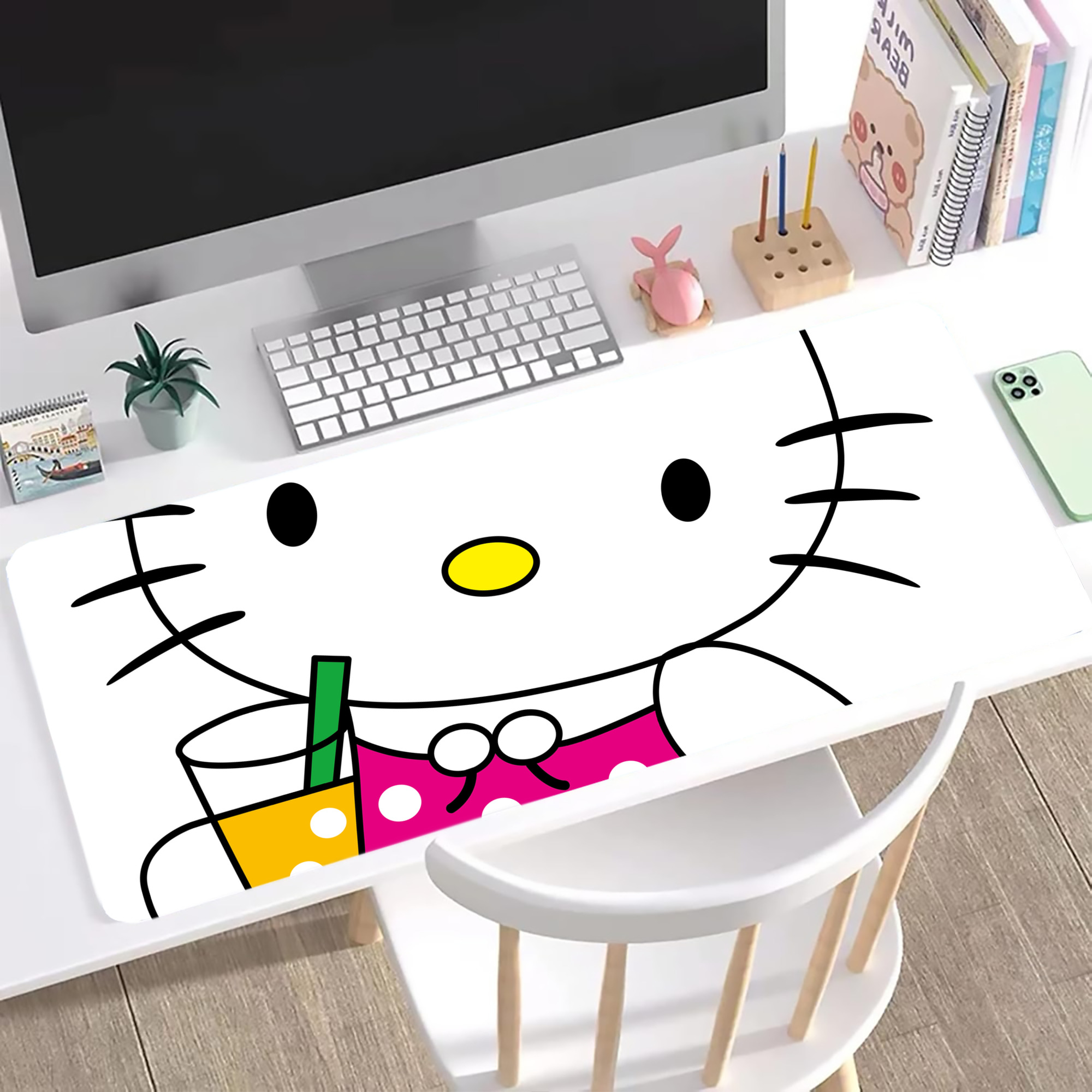 （画像用） Hello Kitty ハローキティ ステッチ加工 大判デスクマット／滑り止めマウスパッド