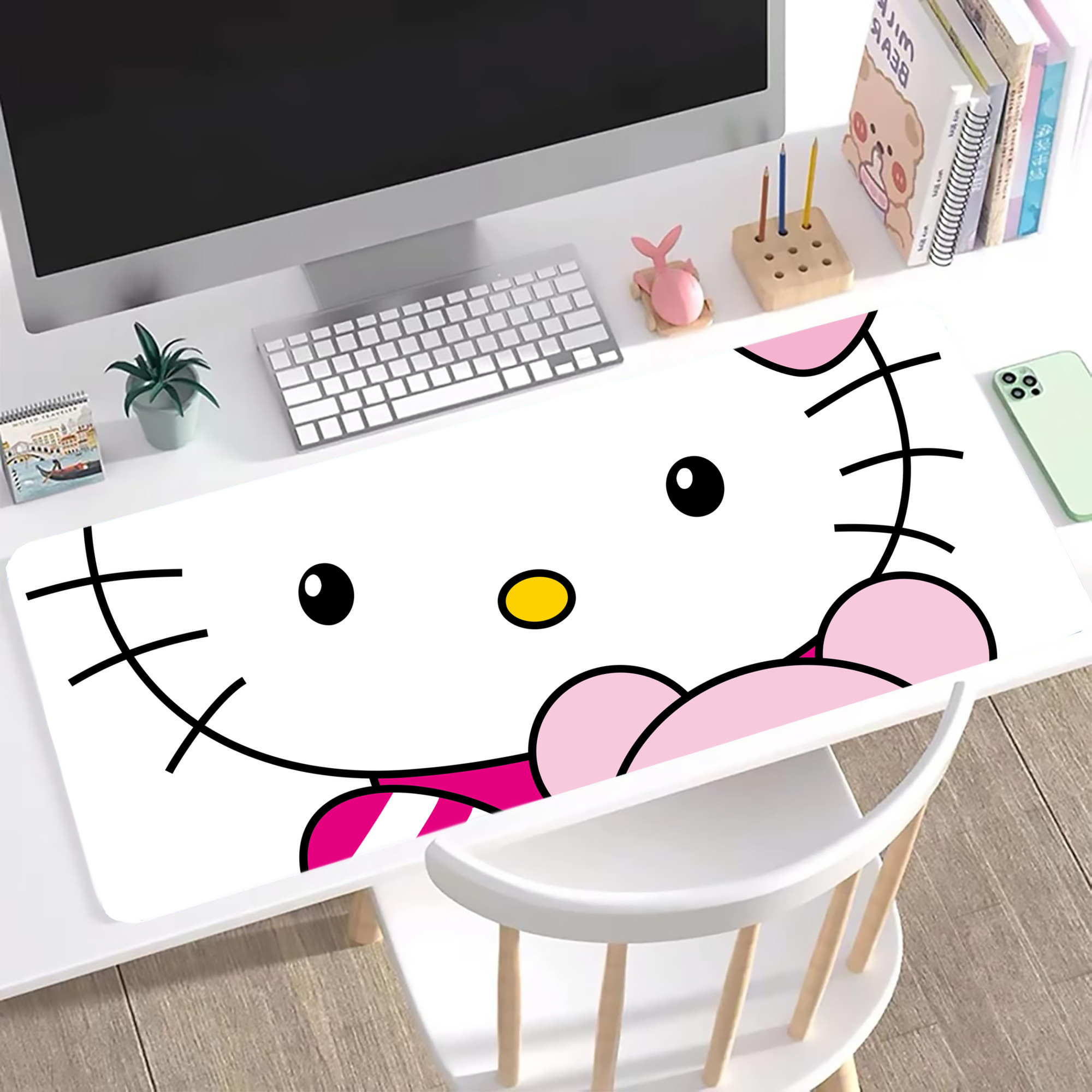 （画像用） Hello Kitty ハローキティ ステッチ加工 大判デスクマット／滑り止めマウスパッド