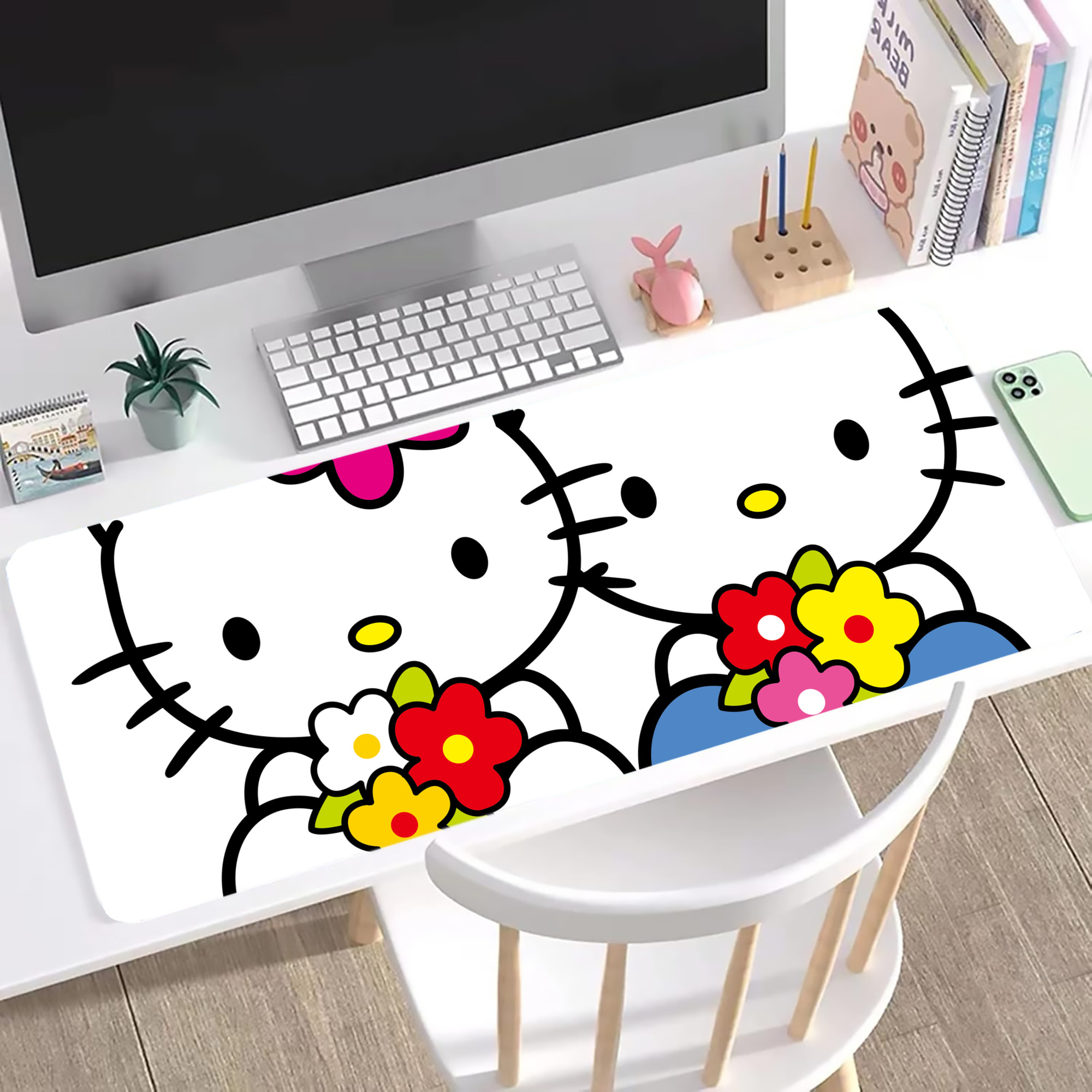 （画像用） Hello Kitty ハローキティ ステッチ加工 大判デスクマット／滑り止めマウスパッド