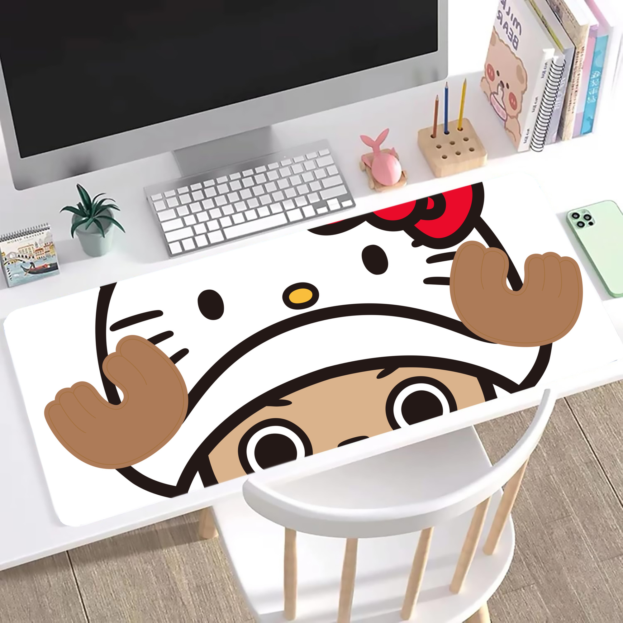 （画像用） Hello Kitty ハローキティ ステッチ加工 大判デスクマット／滑り止めマウスパッド