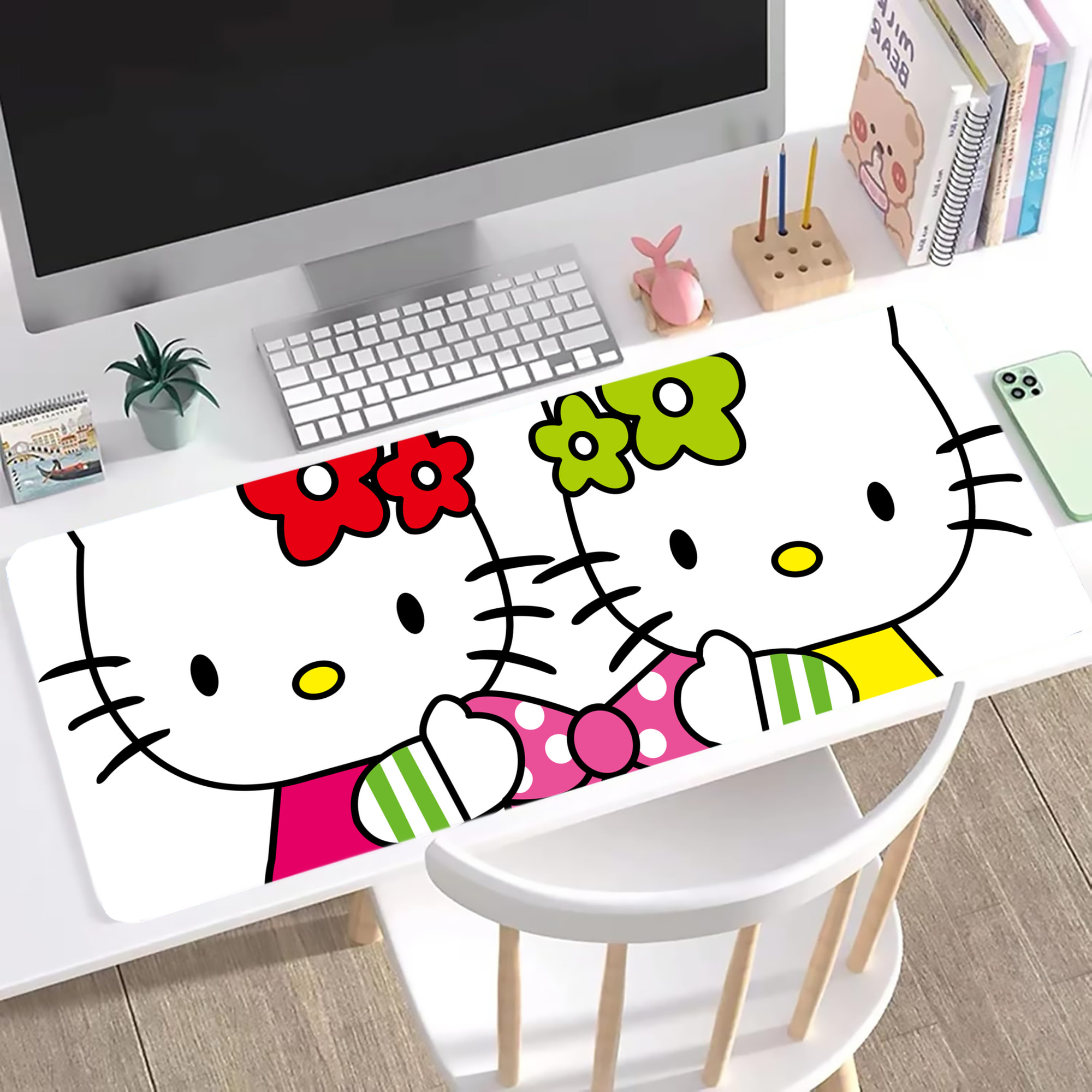 （画像用） Hello Kitty ハローキティ ステッチ加工 大判デスクマット／滑り止めマウスパッド