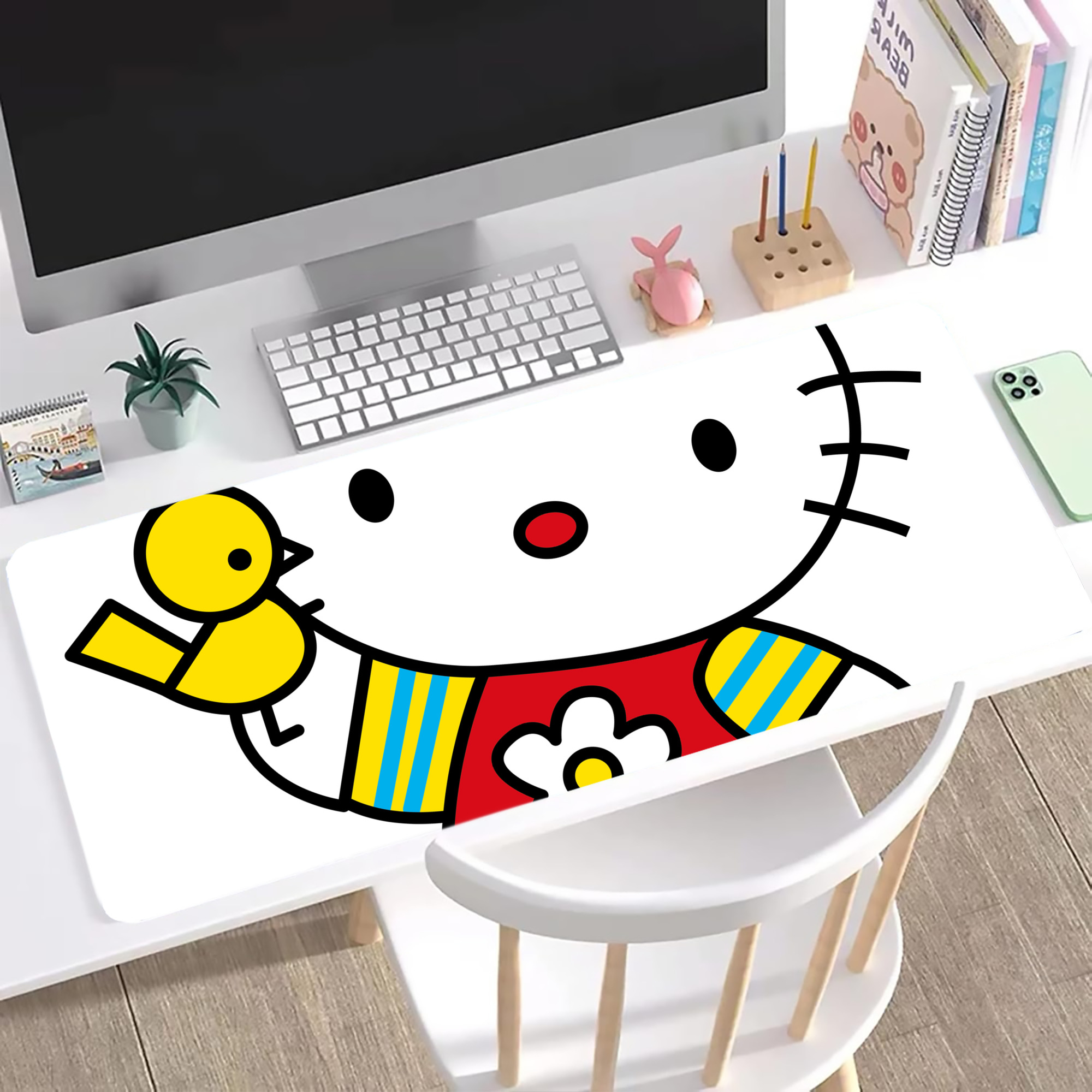 （画像用） Hello Kitty ハローキティ ステッチ加工 大判デスクマット／滑り止めマウスパッド