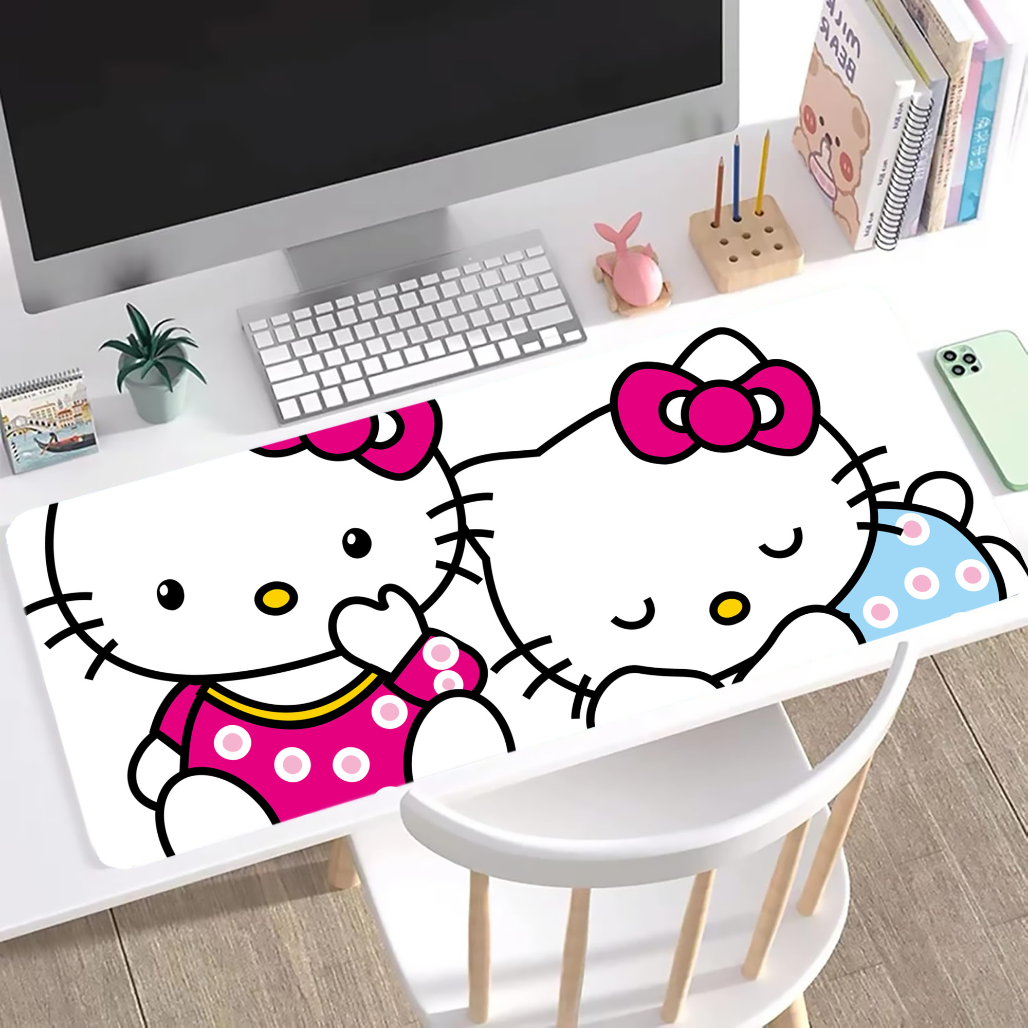 （画像用） Hello Kitty ハローキティ ステッチ加工 大判デスクマット／滑り止めマウスパッド
