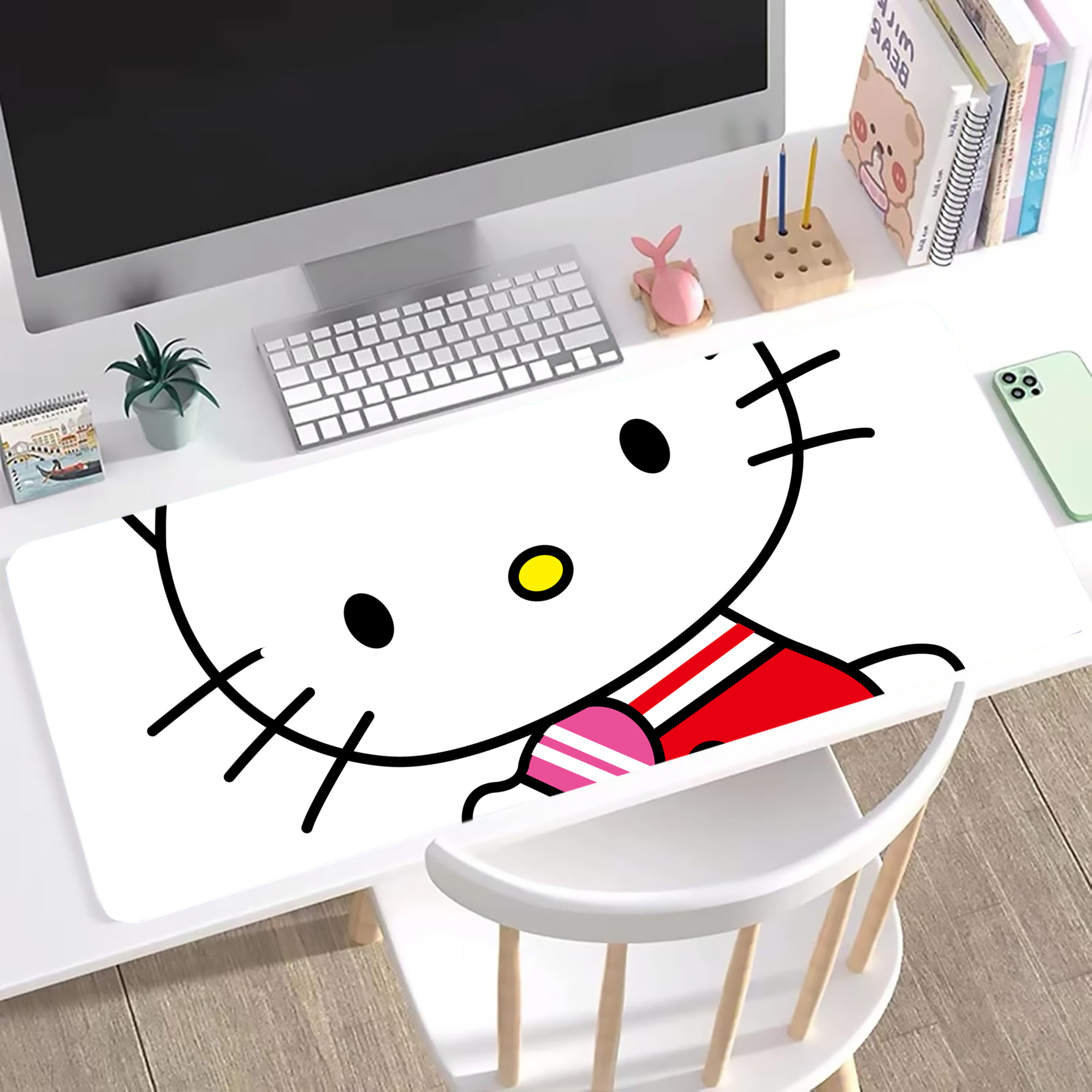（画像用） Hello Kitty ハローキティ ステッチ加工 大判デスクマット／滑り止めマウスパッド