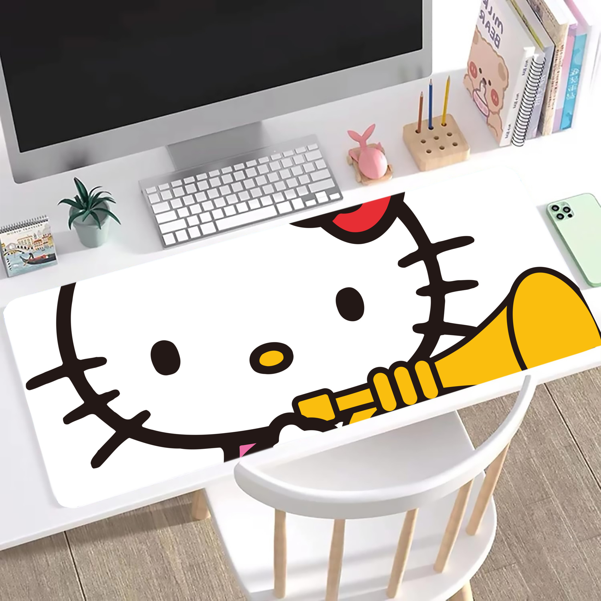（画像用） Hello Kitty ハローキティ ステッチ加工 大判デスクマット／滑り止めマウスパッド