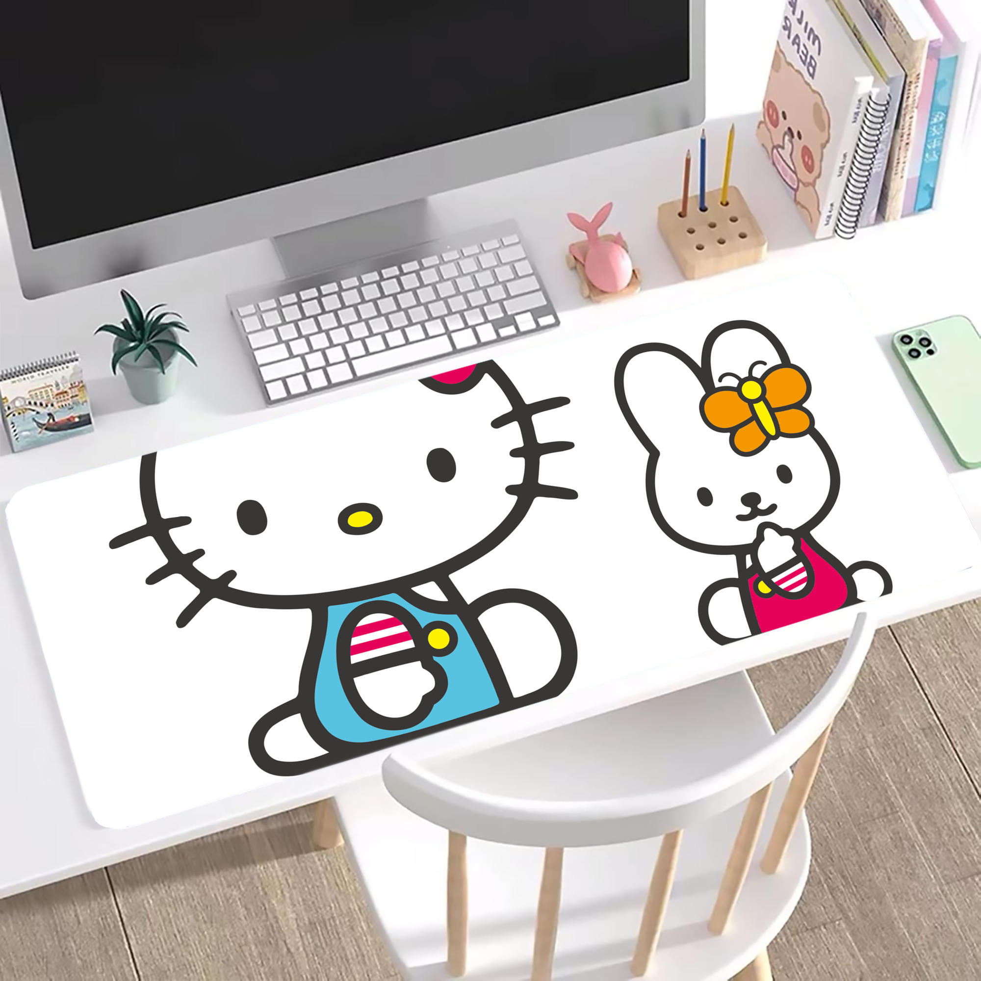 （画像用） Hello Kitty ハローキティ ステッチ加工 大判デスクマット／滑り止めマウスパッド