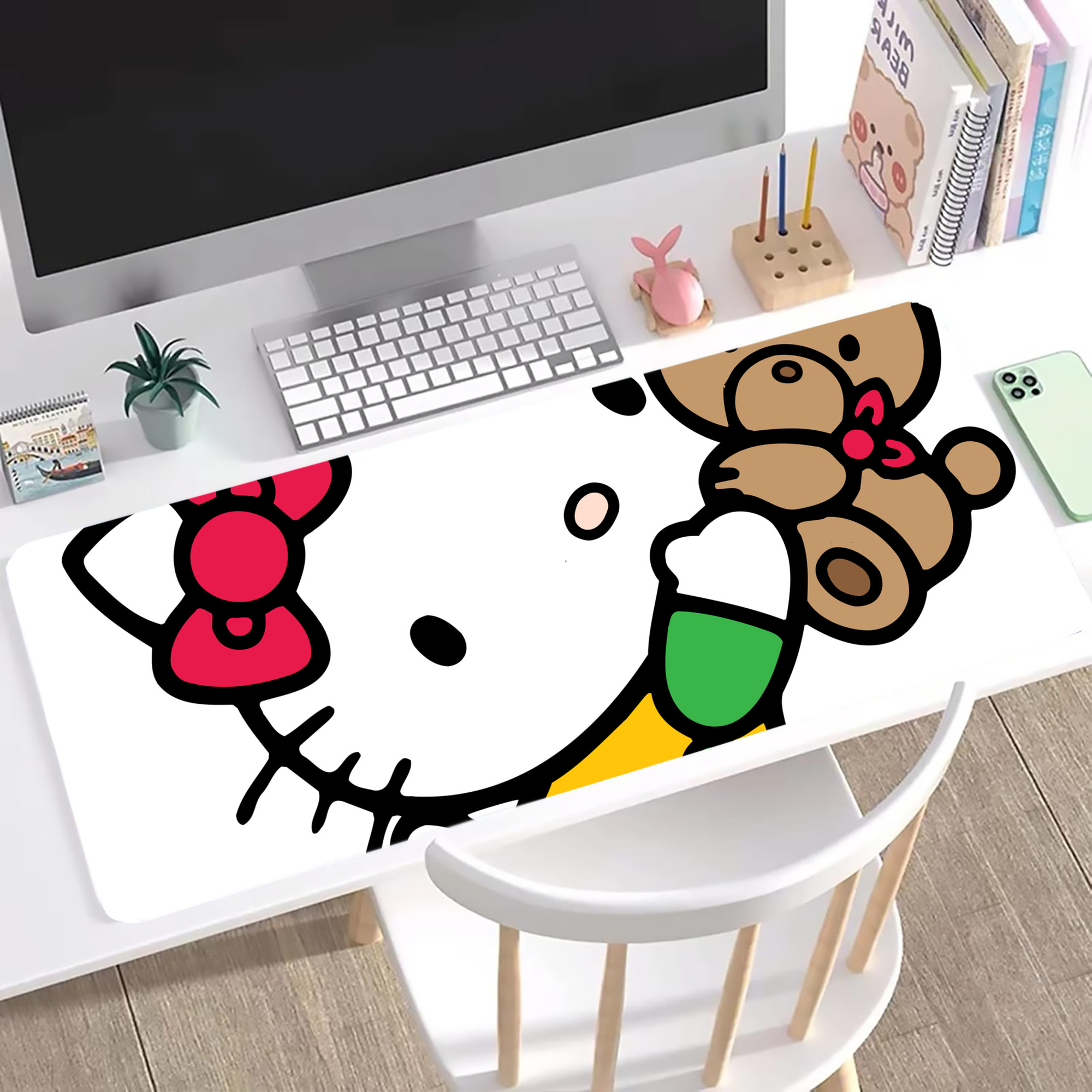 （画像用） Hello Kitty ハローキティ ステッチ加工 大判デスクマット／滑り止めマウスパッド