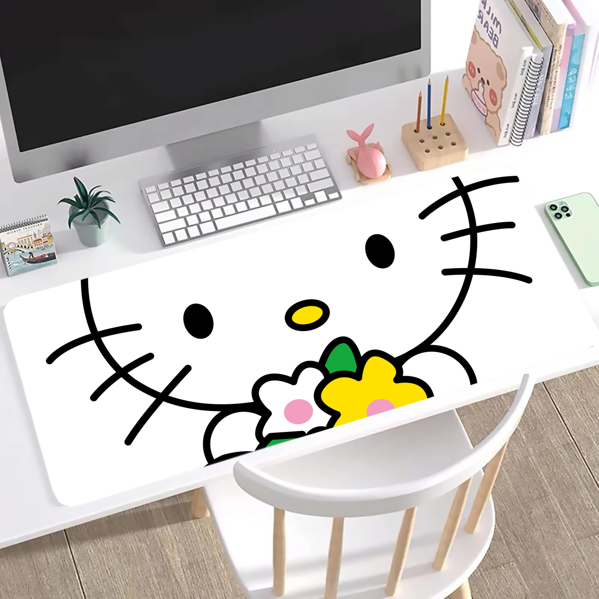 （画像用） Hello Kitty ハローキティ ステッチ加工 大判デスクマット／滑り止めマウスパッド