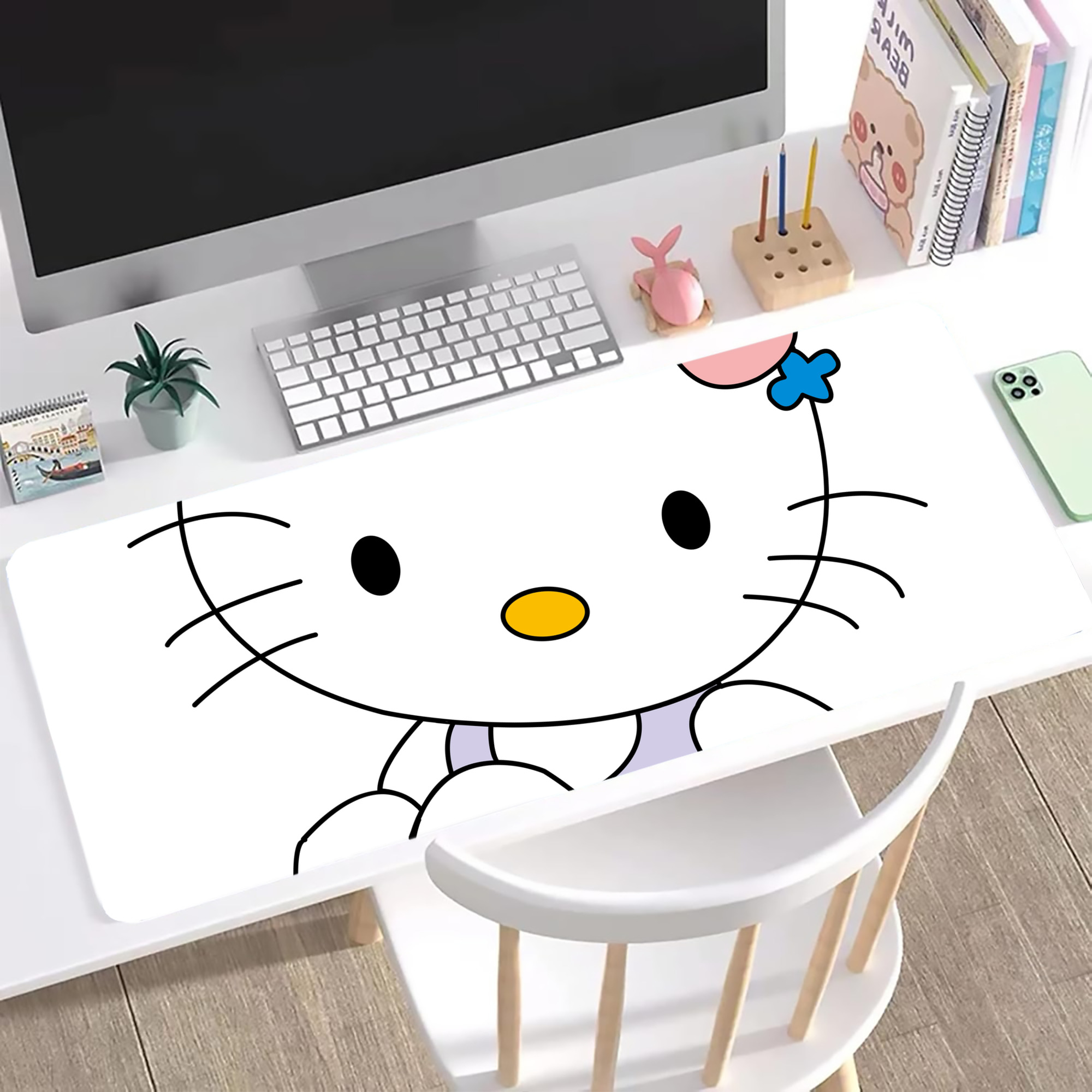 （画像用） Hello Kitty ハローキティ ステッチ加工 大判デスクマット／滑り止めマウスパッド