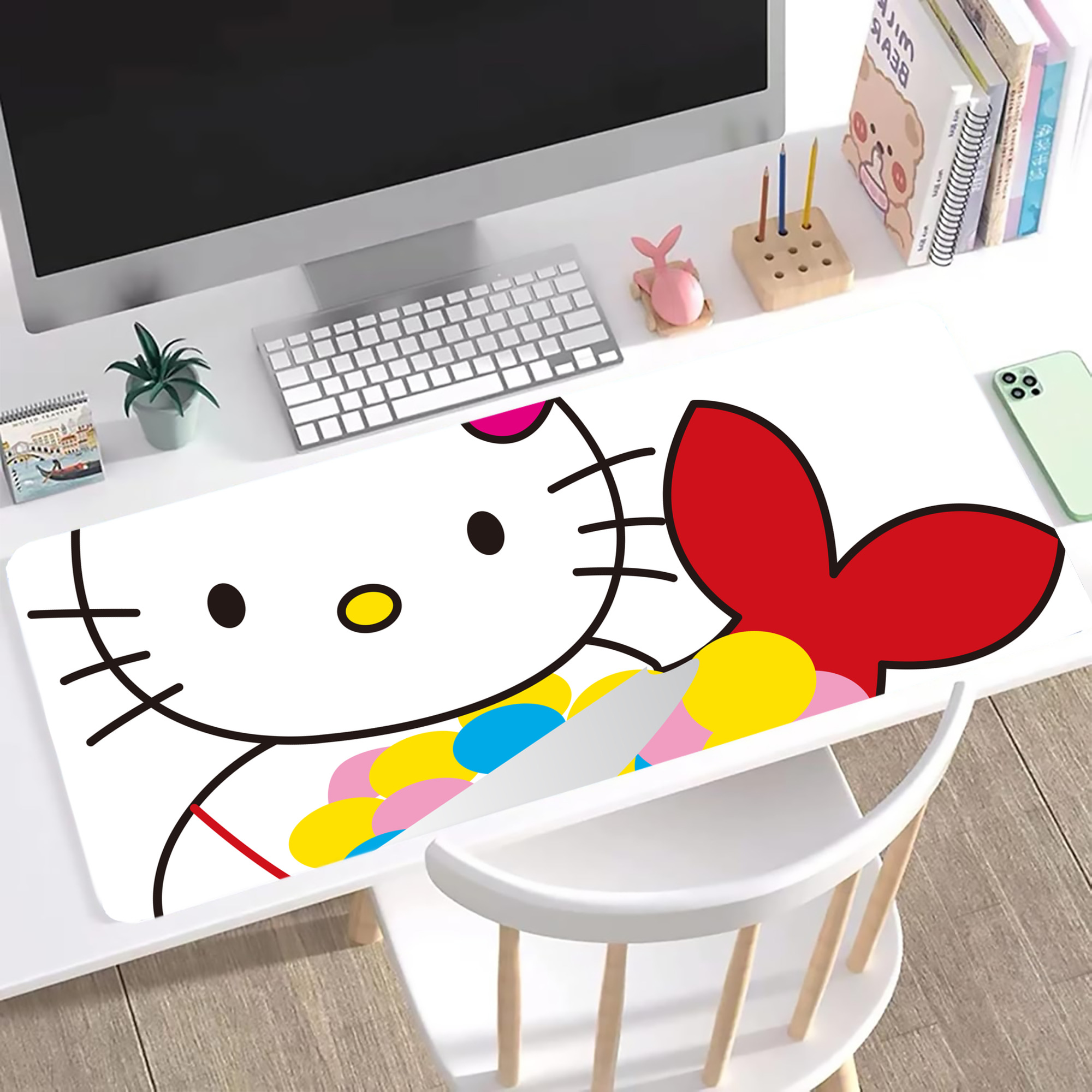 （画像用） Hello Kitty ハローキティ ステッチ加工 大判デスクマット／滑り止めマウスパッド